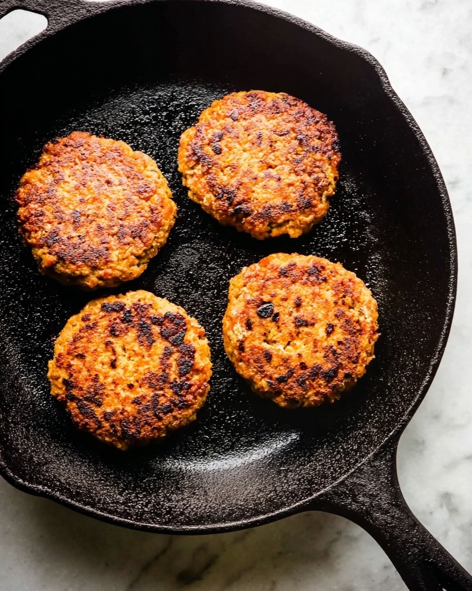 The image shows a black cast iron pan with four cooked patties evenly spaced inside it. Each patty has a golden-brown, slightly crispy surface with small darker spots, indicating a well-cooked texture. The patties are thick and round with a rough, uneven shape, showing a mix of light and darker orange-brown tones. The pan has a coarse texture with a handle extending out to the right, resting on a white marbled surface. The light shines softly from the left, casting subtle shadows on the pan. photo taken with an iphone --ar 4:5 --v 7