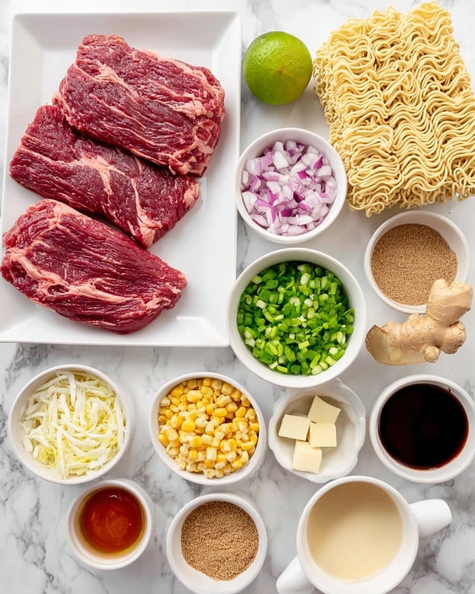 The image shows an arrangement of cooking ingredients on a white marbled surface. On the left, a white rectangular plate holds two large pieces of fresh red steak with visible marbling. Surrounding the plate are small white bowls filled with various ingredients: chopped purple onions, light brown powder, lime wedges, baby corn, red chili sauce, chopped green onions, sliced ginger, peeled garlic cloves, and different liquids in syrupy, milky, and clear forms. On the top right corner, there are two blocks of uncooked pale yellow instant noodles. All items are neatly spaced, creating a clean and organized look. Photo taken with an iphone --ar 4:5 --v 7