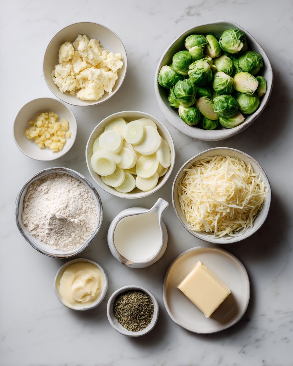 The image shows a white marbled surface holding several small white bowls and one silver bowl, each filled with different ingredients. From top left to bottom right, there is light yellow minced garlic in a small white bowl, a white bowl filled with thin, circular slices of pale yellow and white leeks, a silver bowl full of bright green Brussels sprouts cut in halves, a white bowl with shredded pale yellow Gruyere cheese, a small glass jug of cream, a white bowl with white flour, a white plate divided into two sections holding brown-green dried herbs and a small amount of pale yellow Dijon mustard, and a small white bowl with a solid pale yellow piece of butter. Photo taken with an iphone --ar 4:5 --v 7