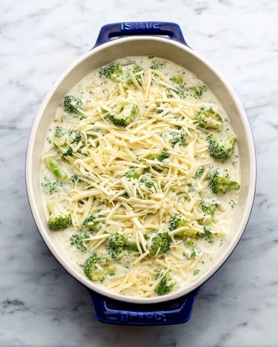 An oval white ceramic baking dish with blue handles sits on a white marbled surface. Inside, there is a creamy white sauce base with small green broccoli florets spread evenly throughout. On top of the broccoli and sauce is a layer of pale yellow shredded cheese scattered across the surface in thin strips, with some bits overlapping the broccoli. The overall look is fresh and creamy with distinct patches of green broccoli under the cheese. Photo taken with an iphone --ar 4:5 --v 7