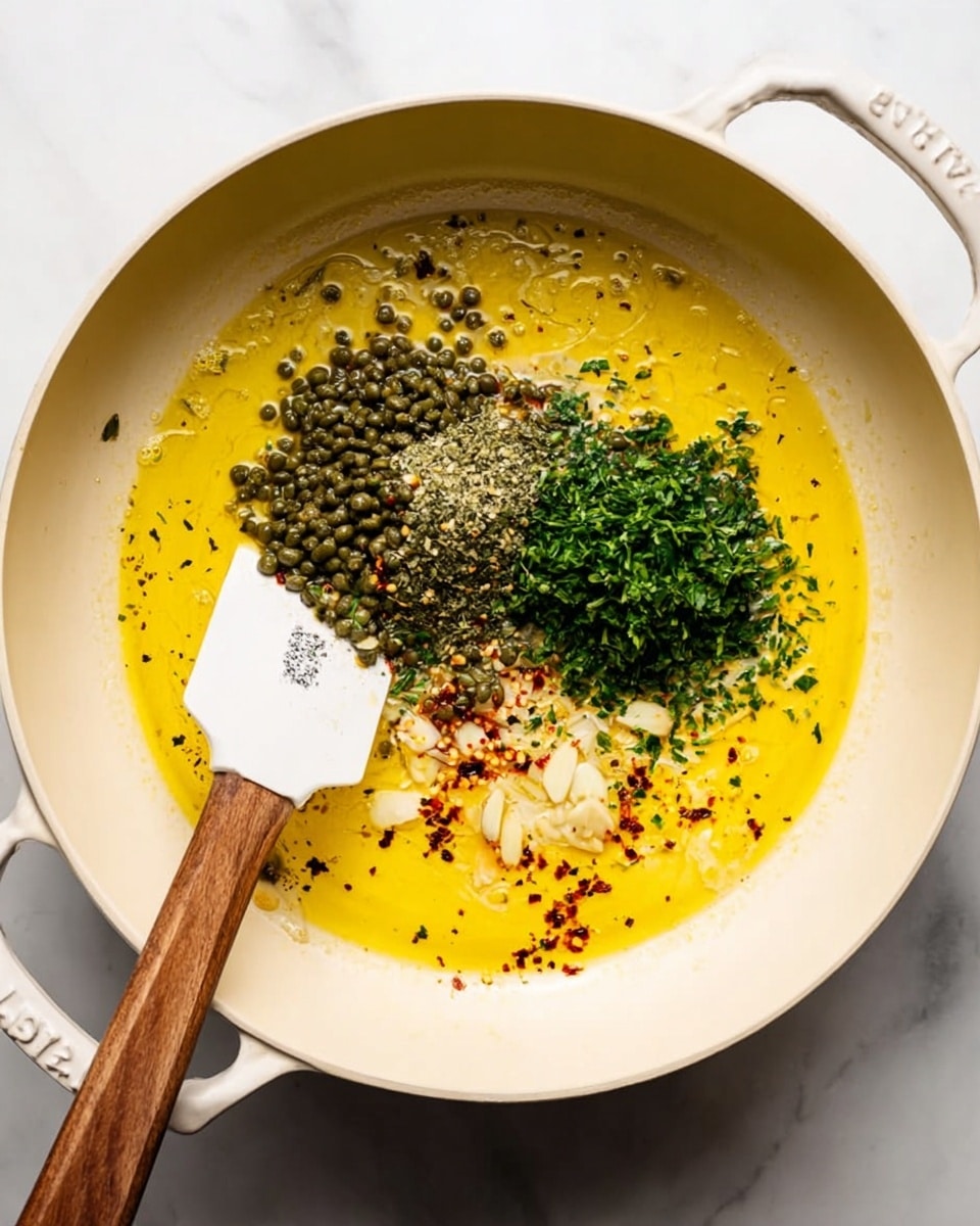 A white pan with two handles contains a yellow oily mixture that fills most of the pan's base. On top of the yellow layer, there is a pile of small green capers and a bunch of finely chopped fresh green herbs clustered together near the center-right. Thin sliced light beige garlic pieces float through the oily layer. Red chili flakes are scattered over the oil, adding small specks of red color. A white spatula with a wooden handle rests inside the pan, partially dipped into the mixture on the left side. The background features a white marbled surface. Photo taken with an iphone --ar 4:5 --v 7