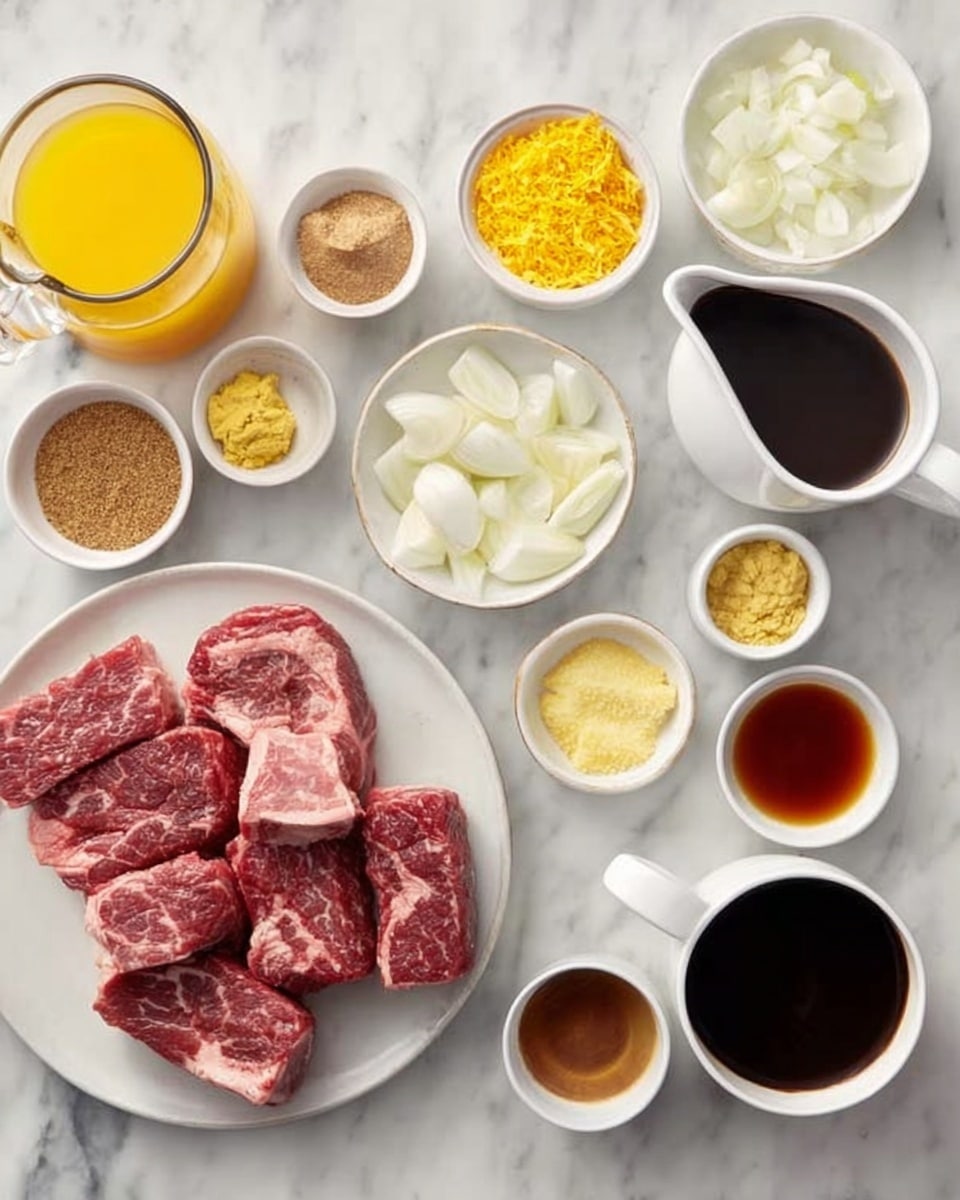 On a white marbled surface, multiple small white bowls and a white pitcher hold various cooking ingredients arranged neatly. Starting from the left is a glass pitcher filled with bright orange juice. Around it, small white bowls contain crushed orange zest, yellow and pale yellow minced pastes, and brown sugar. There are sections of peeled garlic cloves and wedges of white onion in separate white bowls. A large white plate holds several thick pieces of raw red meat with white marbling on top. A white pitcher contains a dark, thick sauce. Nearby, small white bowls hold light brown liquid and dark soy sauce, completing the layout with clear visual separation between each item. photo taken with an iphone --ar 4:5 --v 7