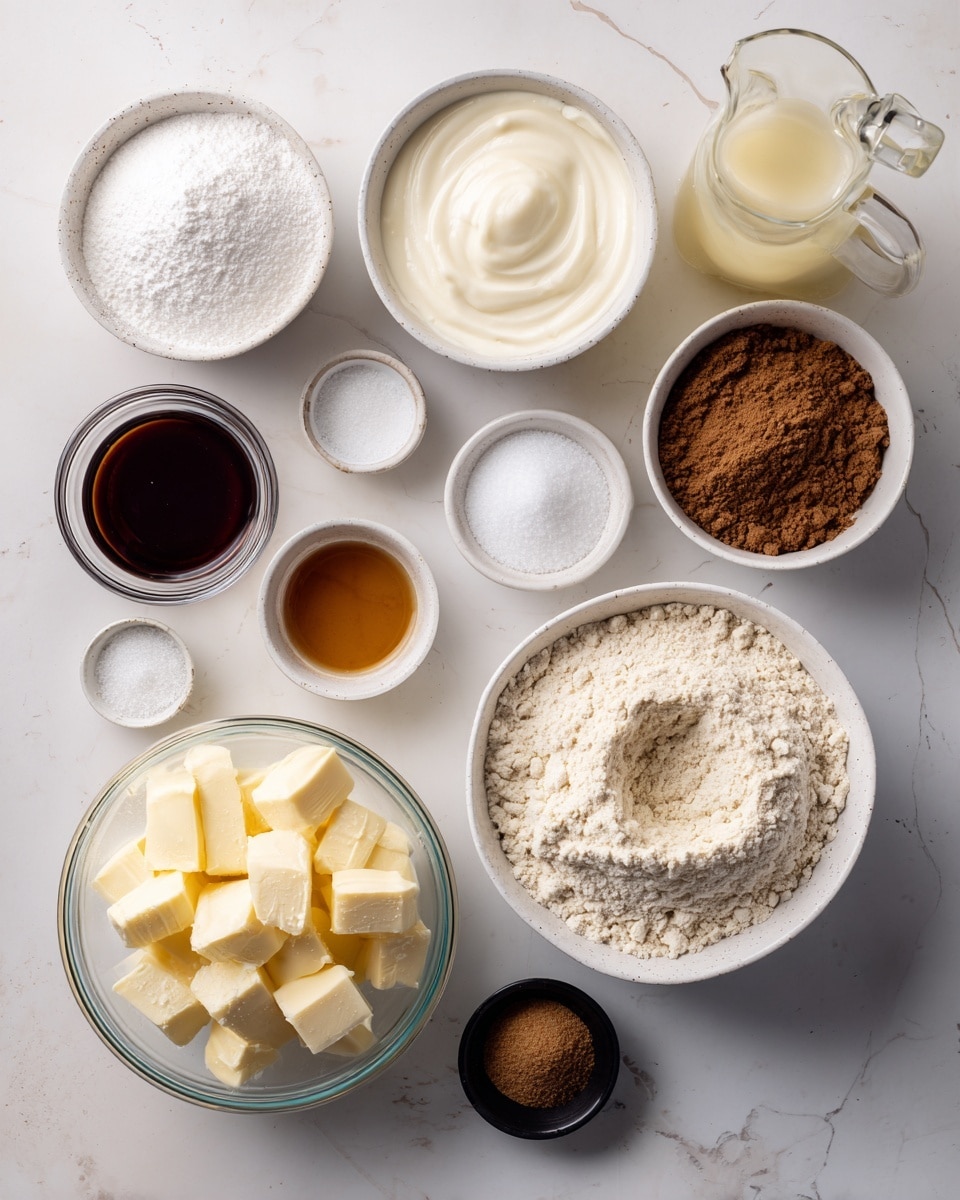 Top view of various baking ingredients arranged on a white marbled surface. On the right, a large white bowl filled with a light beige flour with a small depression in the center. Near it, a white bowl with a mixture of dark brown and light brown sugars. Above them, a white bowl of smooth creamy vegan yogurt. On the left side, from top to bottom, a small clear bowl of white baking soda and powder, a small brown bowl of dark vanilla extract, a white measuring cup filled with fine white granulated sugar, and a transparent measuring jug holding light yellow vegan buttermilk. In the center, a clear bowl filled with chunks of pale yellow vegan butter, below it, a small clear bowl with finely ground cinnamon, and a small black bowl of coarse salt. The labels on each ingredient are clearly visible. Photo taken with an iphone --ar 4:5 --v 7