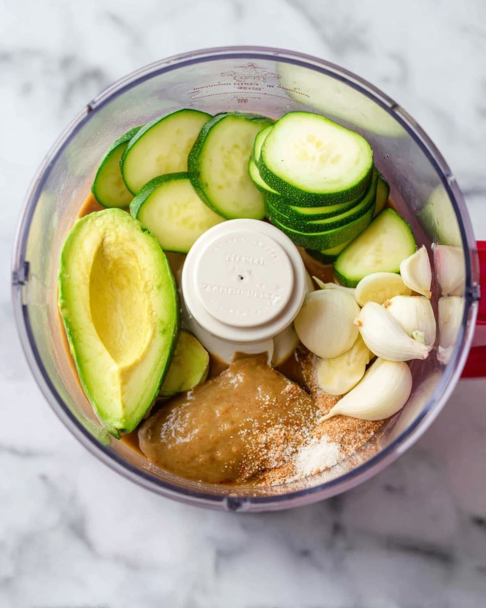 A clear food processor bowl on a white marbled surface holds several ingredients ready to blend. Inside, there are two pieces of bright green avocado with a creamy yellow inside placed on opposite sides, several round slices of light green zucchini stacked near the top, and small white garlic cloves grouped together on one side. A thick, light brown sauce with visible granular spices is pooled on one side near the garlic, and some white granules are scattered on top of the sauce. The white food processor blade is centered in the bowl, surrounded by these colorful ingredients. photo taken with an iphone --ar 4:5 --v 7