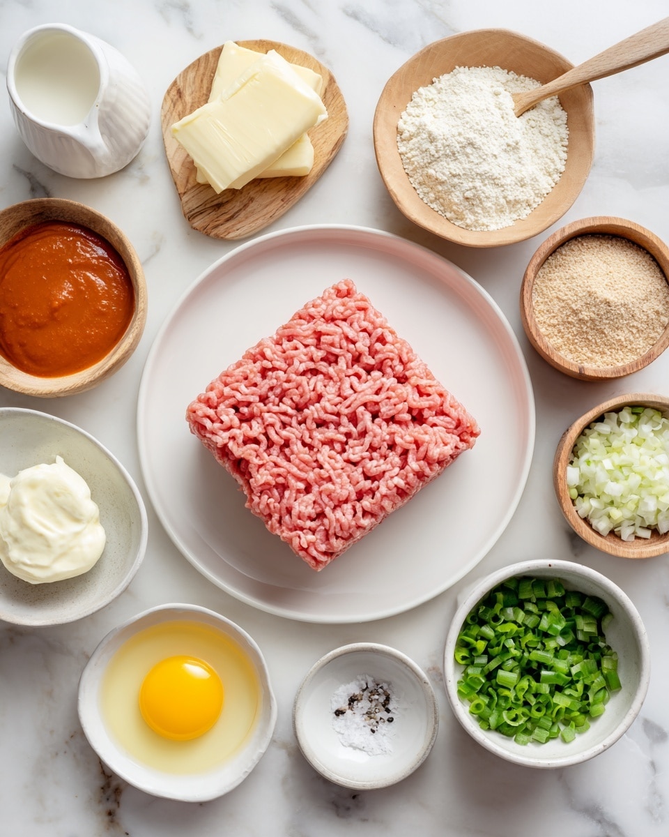 A white plate sits on a white marbled surface, holding a large, square block of pink ground chicken in the center. Around the plate are small wooden bowls and white dishes filled with various ingredients: a golden yellow egg yolk in a white bowl at the bottom; a creamy white mayo in a wooden bowl nearby; bright green chopped green onions in a wooden bowl to the right; light brown almond flour in a wooden bowl above; finely chopped white onions in a wooden bowl to the left; dark orange buffalo sauce in a white bowl at the top left; a small white dish with pale yellow lemon juice; a round white dish with a softened yellow pat of butter; a wooden saucer with white plant-based milk; and a small white bowl with salt and pepper. Labels identify each item, with the plate and bowls arranged neatly on the white marbled surface. Photo taken with an iphone --ar 4:5 --v 7
