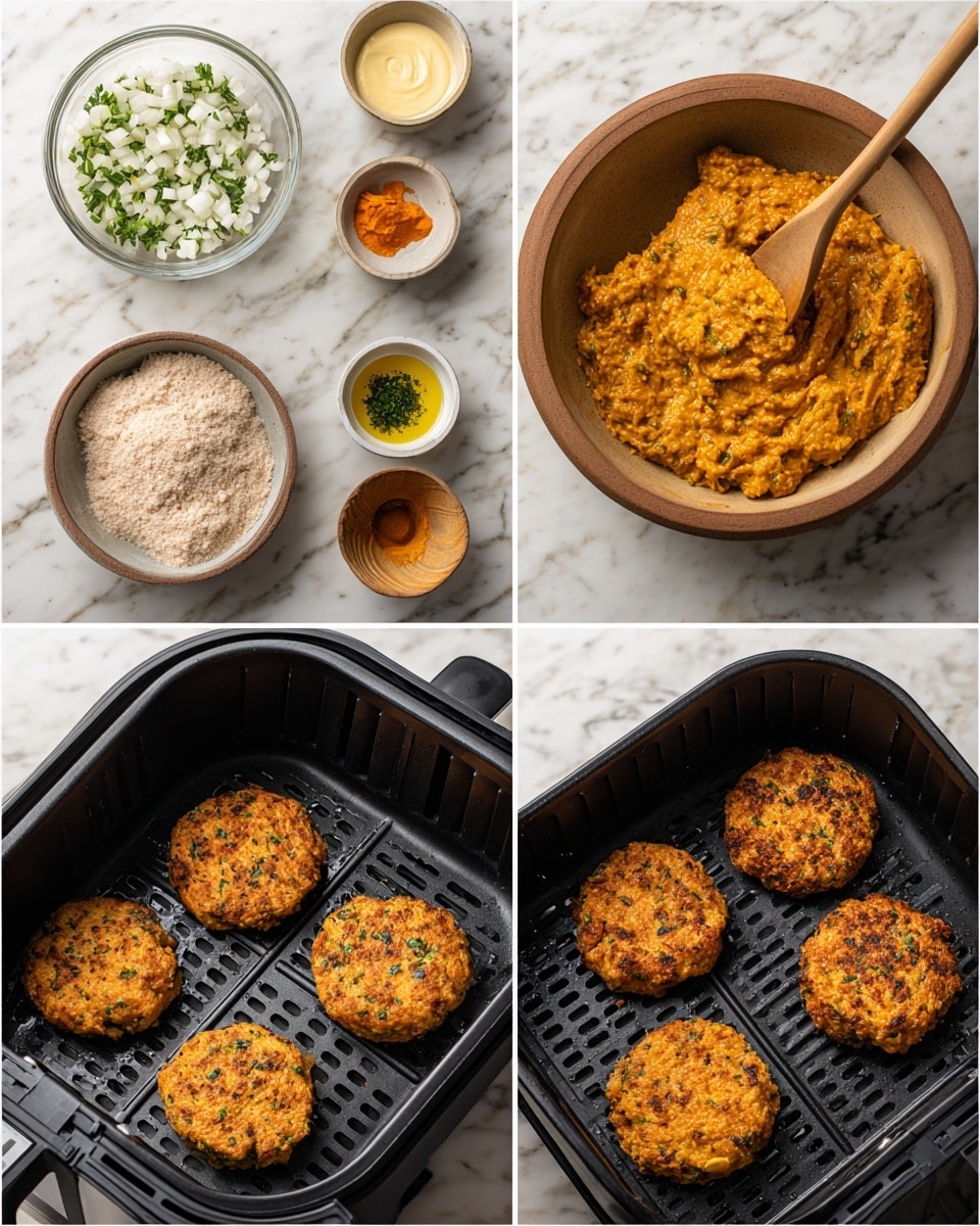 The image shows six panels illustrating the step-by-step preparation of a dish. In the first panel, there is a bowl filled with raw ingredients: chopped white onions, green chopped herbs, light beige crumbs or flour, a small amount of yellow paste, white sauce, and an orange sauce, all placed separately within the bowl. The second panel shows these ingredients mixed together into a thick orange, uneven batter with small green and white bits visible, with a wooden spoon stirring inside a brown bowl. Panel three displays four round, flat patties of the mixture placed spaced out on a black air fryer rack. The fourth panel shows the patties moved to a black frying pan, maintaining the round shape but slightly spreading out. The fifth panel depicts the patties in the air fryer again, now browned on the top with a crunchy texture and slightly darker edges. The final panel shows the four patties fully cooked on a black pan, golden brown with crispy textured surfaces. The background across all panels is a white marbled texture. Photo taken with an iphone --ar 4:5 --v 7