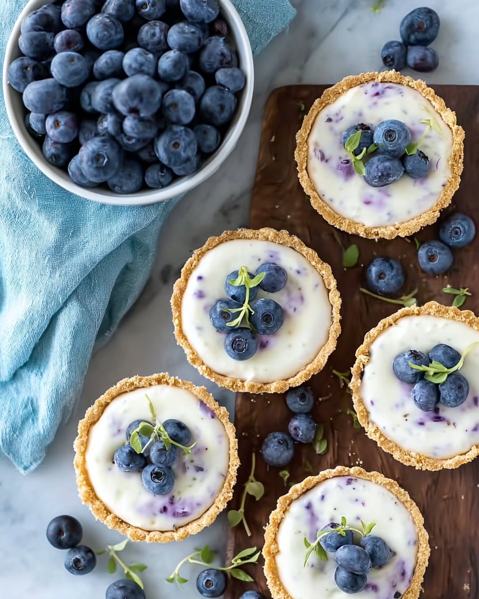 The image shows five small tart shells filled with creamy white yogurt mixed with small bits of purple blueberries, each tart topped with two or three whole blueberries and a small green herb leaf in the center. The tart shells are golden and crumbly, arranged on a dark wooden surface with a few loose blueberries and small green herb pieces scattered between them. At the top left corner, there is a white bowl filled with fresh, plump, dark blue blueberries placed on a light blue cloth. The overall scene has a fresh and clean look, with a white marbled texture background. Photo taken with an iphone --ar 4:5 --v 7