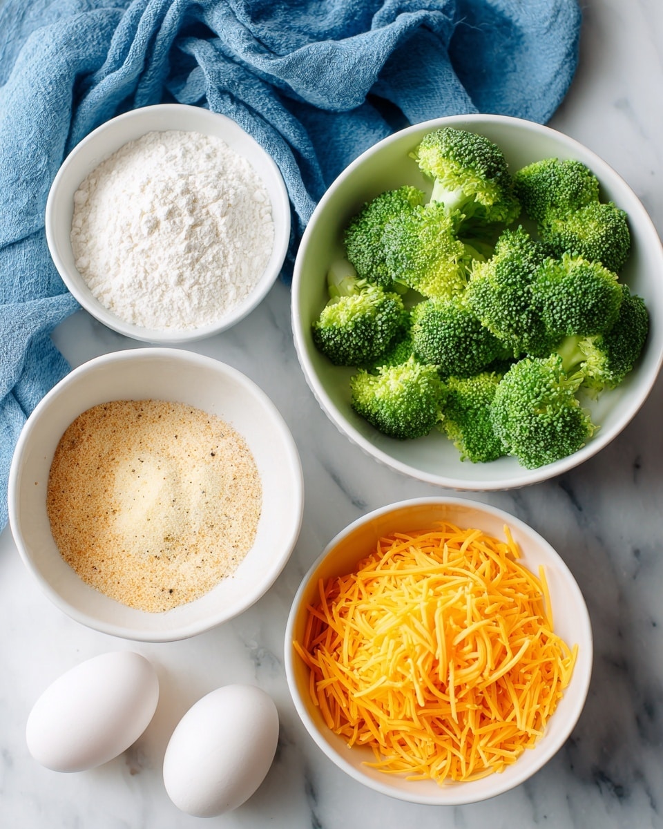 The image shows six ingredients for cooking, each in white bowls or placed on a white marbled surface. There is one medium white bowl filled with bright green chopped broccoli, positioned at the top-right. Below it, another medium white bowl is filled with vibrant orange shredded cheddar cheese, slightly to the bottom-right. To the left, a small white bowl contains white flour mixed with light brown garlic powder, with some salt and black pepper sprinkled on top. Two white eggs rest on the white marbled surface near the small bowl. A blue cloth is placed in the top-left corner behind the bowls, adding some contrast to the clean white and colorful ingredients. Photo taken with an iphone --ar 4:5 --v 7