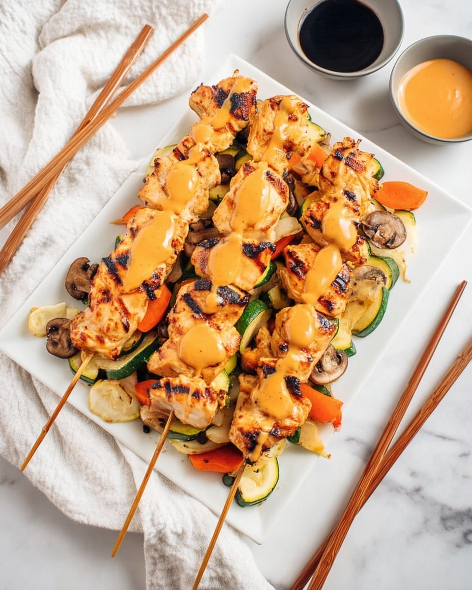 The image shows three skewers of grilled chicken pieces placed on a bed of mixed cooked vegetables that include sliced carrots, zucchini, onions, and mushrooms, all spread on a long white rectangular plate. The chicken is golden-brown with charred grill marks, and a smooth orange sauce is drizzled over the skewers and vegetables. The plate rests on a white marbled surface with a white cloth underneath. To the right, there are two small bowls, one with a dark soy sauce and another with extra orange sauce. Two pairs of wooden chopsticks are placed diagonally on the surface near the plate. photo taken with an iphone --ar 4:5 --v 7