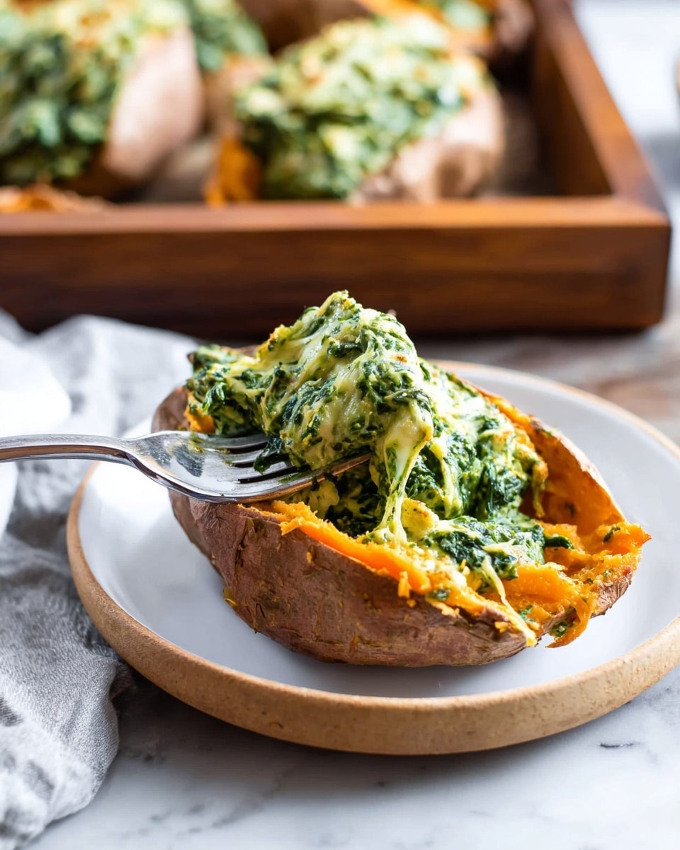 A baked sweet potato with its skin slightly opened on a white plate, filled with a thick, creamy green mixture that looks like spinach and cheese. The green layer fills the inside of the potato, showing both small leafy bits and soft, melted cheese texture. A silver fork is placed inside the potato, scooping some of the green filling. The plate is on a white marbled surface, with more of the same dish blurred in the background on a wooden tray. The colors are warm, with orange from the sweet potato skin and bright green from the filling, making the dish look fresh and rich. Photo taken with an iphone --ar 4:5 --v 7