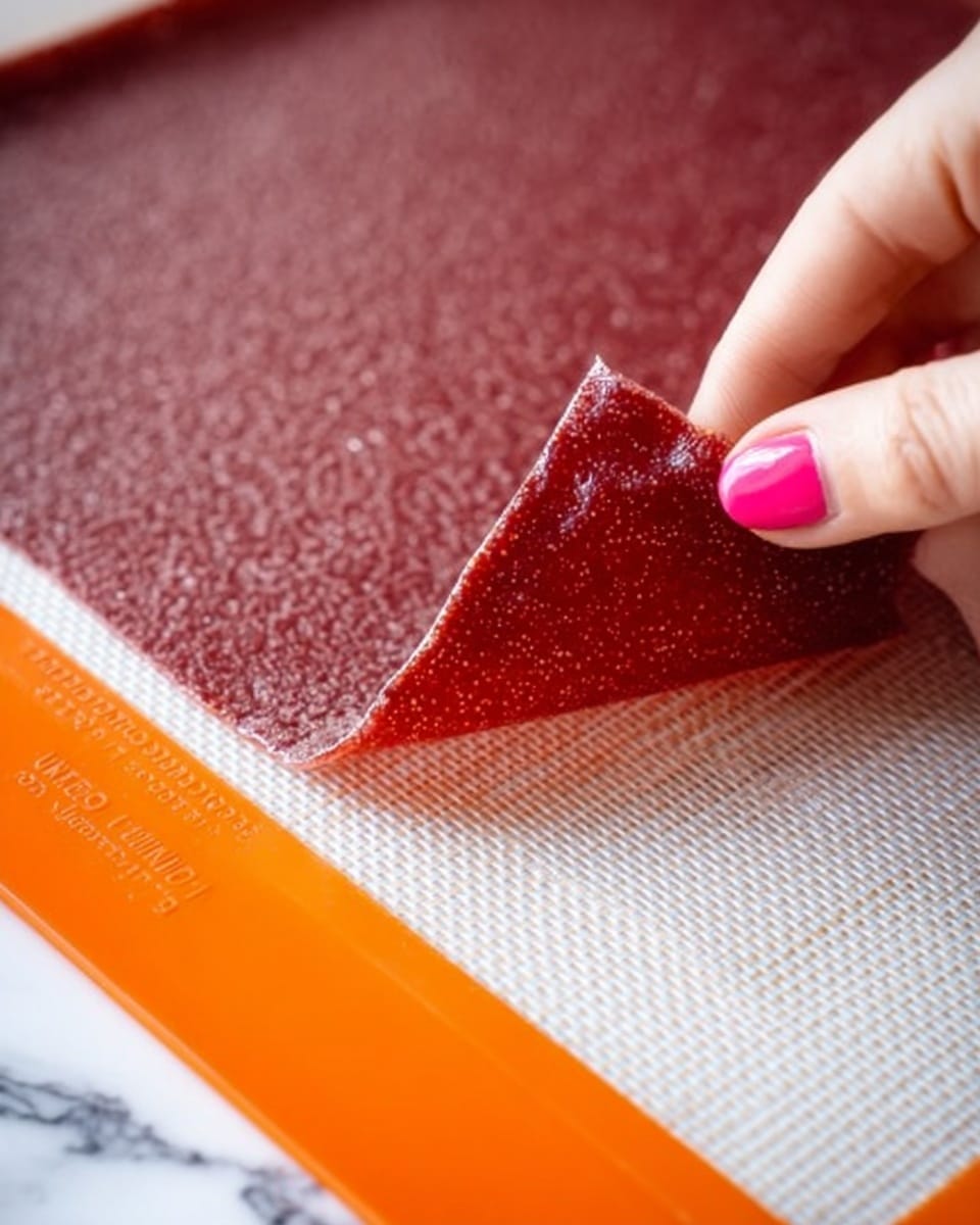 A woman's hand with pink nail polish is lifting a thin, flexible sheet of deep red fruit leather with a slightly shiny and textured surface from a silicone baking mat. The mat is white with an orange border and sits on a white marbled surface. The fruit leather layer is smooth but has small dots and bubbles, showing its dried, leathery texture. photo taken with an iphone --ar 4:5 --v 7