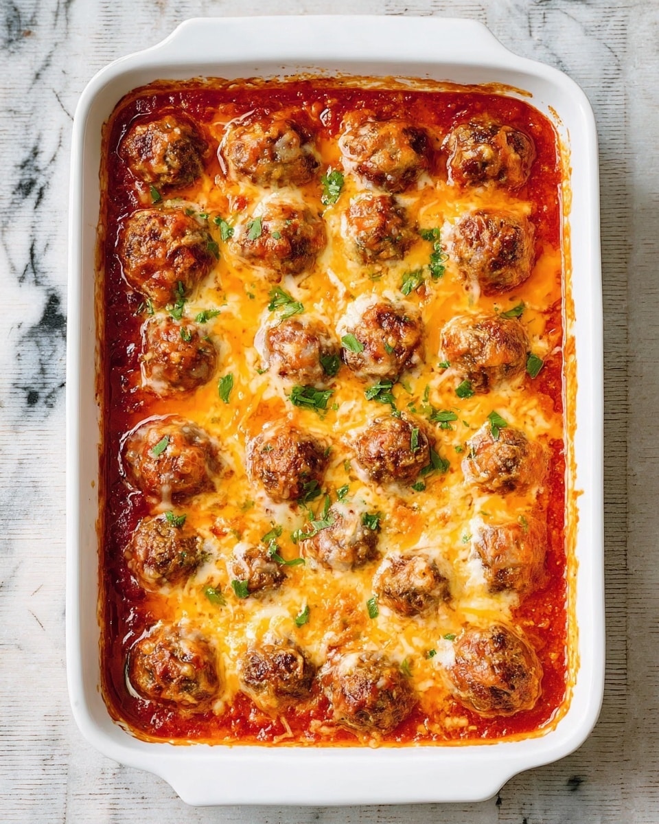 The dish is a white rectangular baking dish filled with three layers: the bottom layer is a rich red tomato sauce that covers the entire base, the middle layer consists of evenly spaced browned meatballs with a slightly crispy texture, and the top layer is melted orange-yellow cheese that blankets the meatballs with small patches of golden-brown where it has browned. Small green herb pieces are sprinkled across the top, adding a touch of freshness. The baking dish is placed on a white marbled surface. photo taken with an iphone --ar 4:5 --v 7