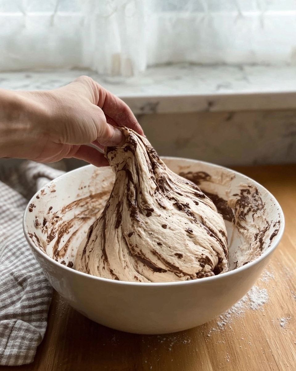 A woman's hand is holding and stretching a dough that is swirled with dark chocolate streaks, showing a soft and stretchy texture. The dough is inside a white bowl with light flour dusting and chocolate smear marks on the sides. The dough itself is light brown with thin dark brown chocolate lines mixed throughout, giving a marbled effect. The bowl is placed on a wooden table with a white marbled texture background and a window with sheer curtains in the distance. A checkered cloth is tucked near the bowl. Photo taken with an iphone --ar 4:5 --v 7