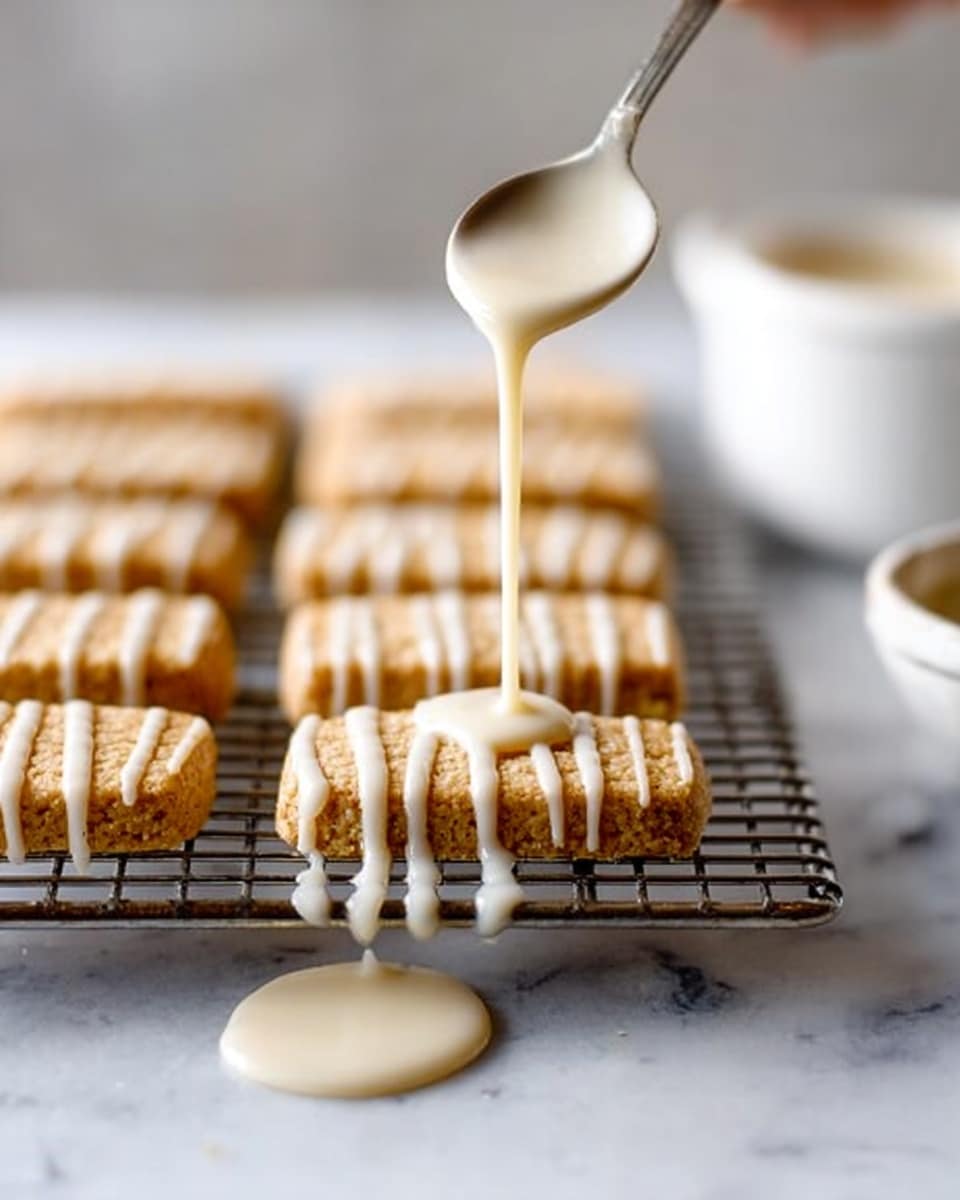 The image shows a close-up of rectangular light brown cookies with textured surfaces arranged in a row on a metal cooling rack above a white marbled surface. A woman's hand is holding a spoon above the cookies, slowly pouring smooth white icing that drips down onto the cookies, creating thin, uneven lines of glaze on the top surfaces. Some icing drips are falling towards the marbled surface below. There is a small white bowl slightly out of focus on the right side of the frame. The background is soft and blurred, emphasizing the cookies and the pouring action. Photo taken with an iphone --ar 4:5 --v 7