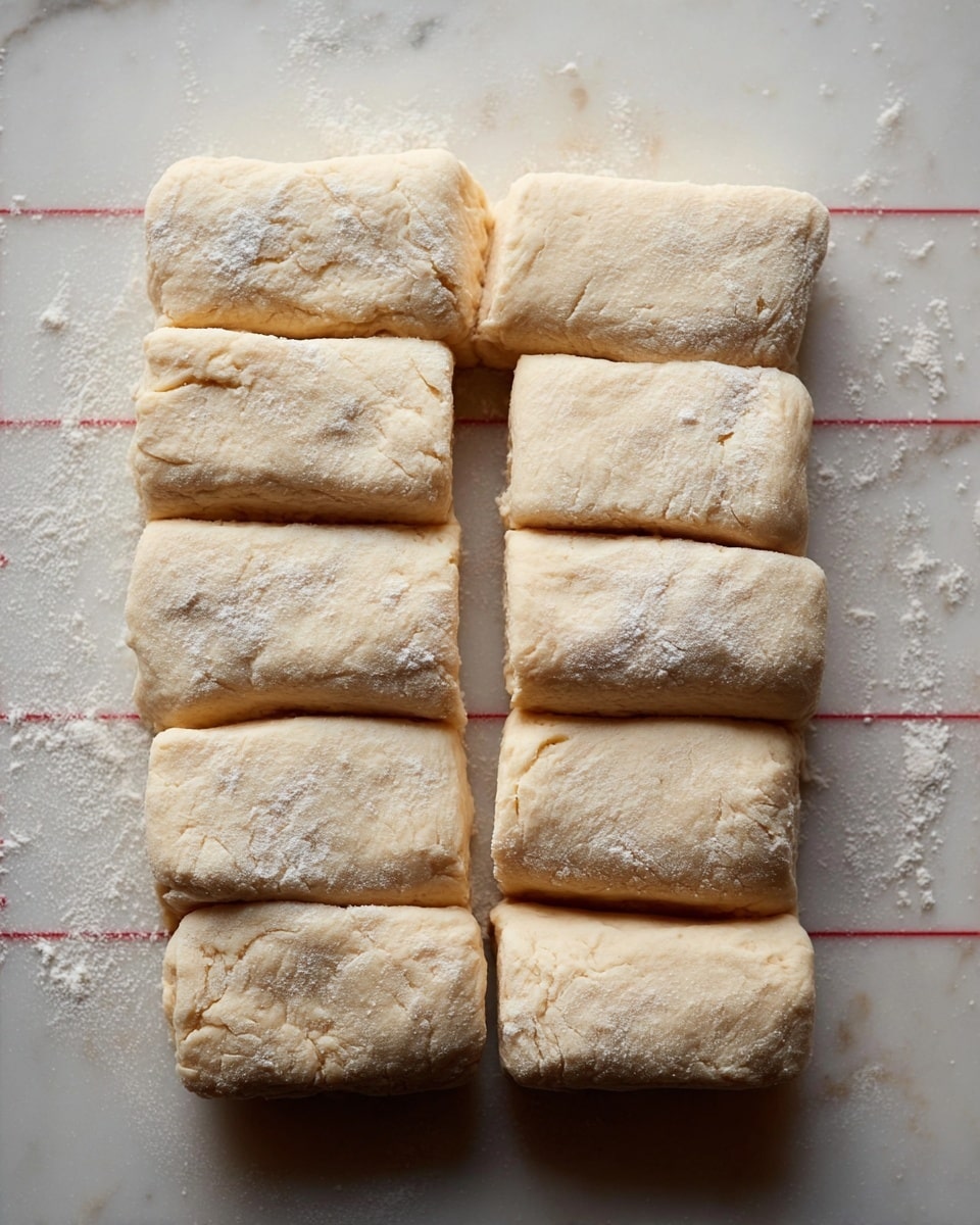 The image shows eight pieces of uncooked dough arranged in two vertical columns and four rows on a white marbled surface with light dusting of flour around them. Each dough piece is rectangular and pale beige in color with a slightly rough and soft texture, showing small cracks and flour dust on top. The dough pieces are closely placed next to each other in a neat grid pattern, and the background features a faint red grid pattern beneath the dough. photo taken with an iphone --ar 4:5 --v 7