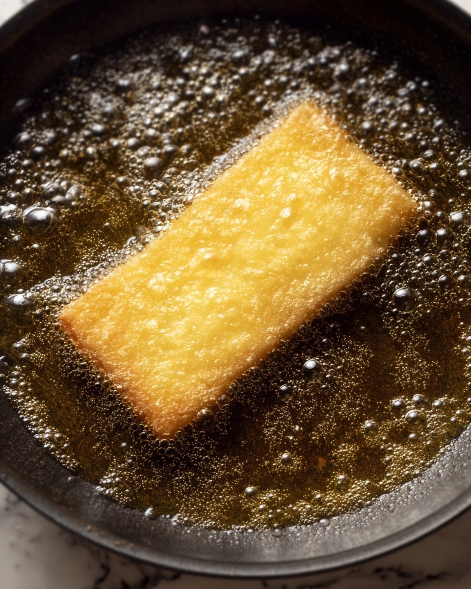 A single rectangular piece of food is frying in bubbling hot oil inside a dark pan. The frying item is light golden yellow with a slightly rough texture, surrounded by many small and large bubbles all over the surface of the oil. The edges of the food appear crisp and are lightly raised above the oil. The background under the pan is a white marbled texture. photo taken with an iphone --ar 4:5 --v 7