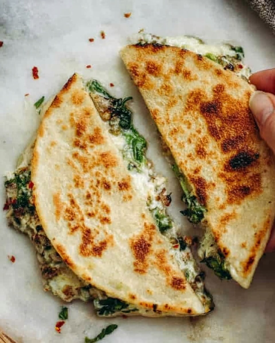 The image shows two crescent-shaped flatbreads folded in half and toasted to a golden brown on the outside with slight spotted char marks. Inside, there is a creamy filling mixed with small chopped greens and red flakes visible around the edges where the flatbreads separate slightly. The flatbreads rest on a white marbled surface with some scattered bits of greens and red flakes around them. A woman's hand is holding one of the flatbreads gently from the edge. photo taken with an iphone --ar 4:5 --v 7