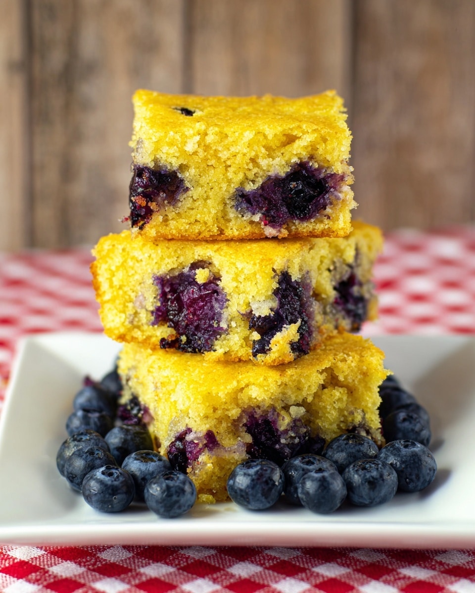Three square pieces of cornbread with visible juicy blueberries mixed inside are stacked on a white square plate. The top layer is golden yellow and crumbly, while the inside shows a mix of yellow and deep purple from the blueberries. Some fresh shiny blueberries are scattered on the plate in front of the cornbread. The plate sits on a red and white checkered cloth, all against a soft white marbled surface and blurred wooden background. Photo taken with an iphone --ar 4:5 --v 7