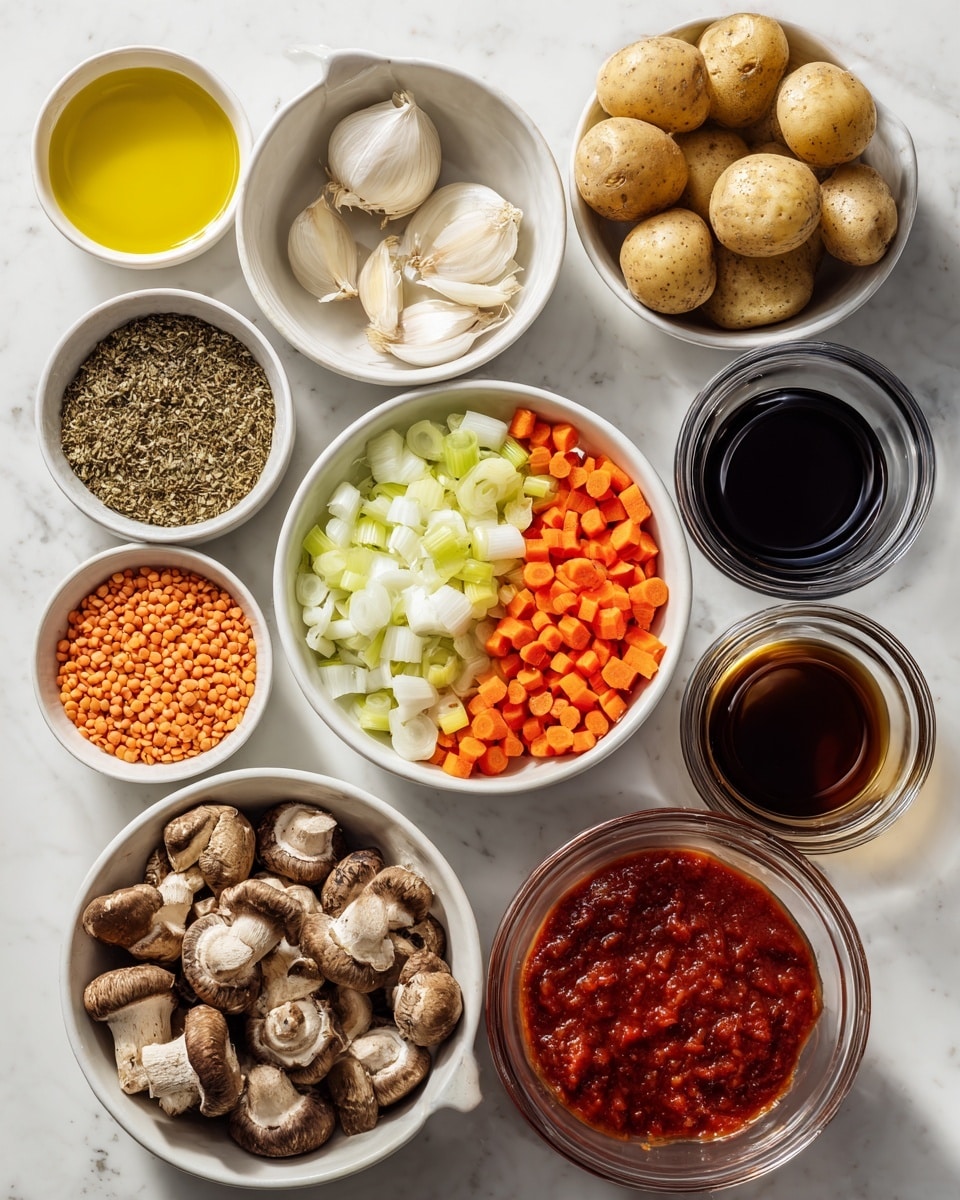The image shows several white bowls and glass containers arranged on a white marbled surface. In the top left, there is a small white bowl with pale yellow olive oil, and next to it is another bowl with light beige garlic slices and dried herbs. Below is a bowl with small round potatoes that have a light brown skin. To the right of the potatoes is a large white bowl divided into three sections with chopped orange carrots, white onion, and light green celery. Below this is a bowl filled with brown mushrooms, some whole and some sliced. Above the mushrooms, a bowl is filled with small orange lentils. To the right of the lentils, two glass containers hold dark soy sauce with balsamic vinegar and a lighter brown broth. At the bottom right of the image, a glass container holds deep red tomato sauce. Each ingredient is clearly separated and visible, creating a neat and colorful layout. photo taken with an iphone --ar 4:5 --v 7