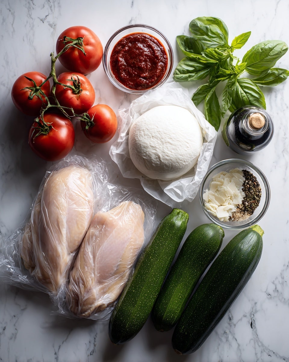 The image shows a white marbled surface with fresh ingredients arranged neatly. There are two raw chicken breasts in clear plastic packaging on the left. On the right, three whole zucchinis with dark green skins are placed side by side. Above them, a fresh round ball of mozzarella cheese wrapped in white paper sits next to a small bunch of green basil leaves. Top left corner shows a cluster of bright red ripe tomatoes with a smooth texture. Behind the chicken, a small white bowl holds a deep red tomato paste. To the right of the tomatoes, a clear glass bowl contains a white mixture of fresh garlic and a small bottle of balsamic vinegar along with other spices such as oregano, salt, and pepper. The overall look is fresh and ready for cooking. photo taken with an iphone --ar 4:5 --v 7