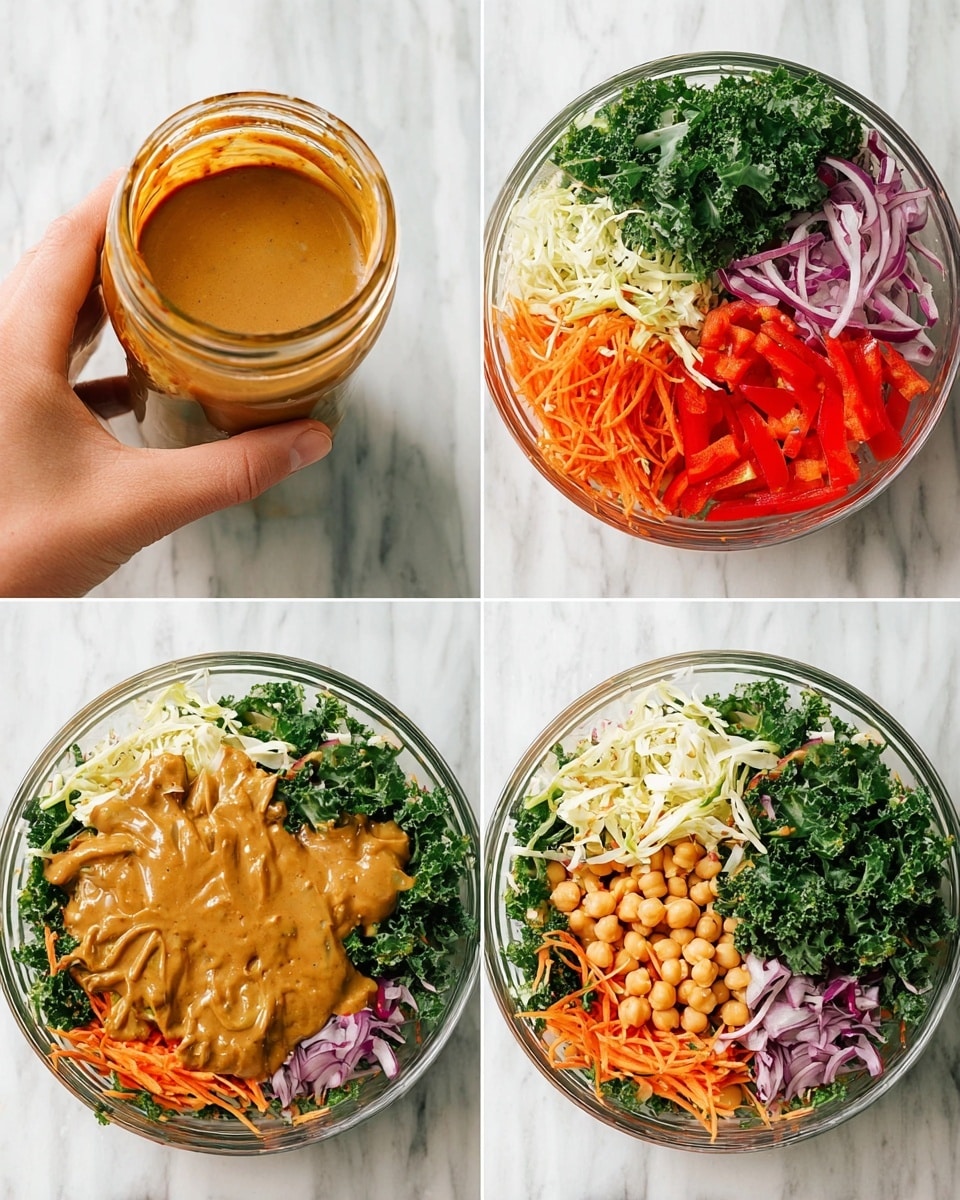 The image shows four parts of making a salad with a thick brown dressing. Top left is a woman's hand holding a jar filled with creamy brown sauce. Top right is a clear glass bowl with five layers: curly dark green kale in the top right, thin white shredded cabbage below it, bright orange carrot ribbons on the right, red sliced bell pepper below the kale and cabbage, and diced purple onion on the top left. Bottom left shows the same bowl with creamy brown sauce spread on top, covering much of the colorful vegetables beneath. Bottom right is the bowl with the salad now mixed, showing uneven layers of green kale, orange carrot, red pepper, purple onion, white cabbage, and chickpeas evenly coated by the brown dressing on a white marbled surface photo taken with an iphone --ar 4:5 --v 7