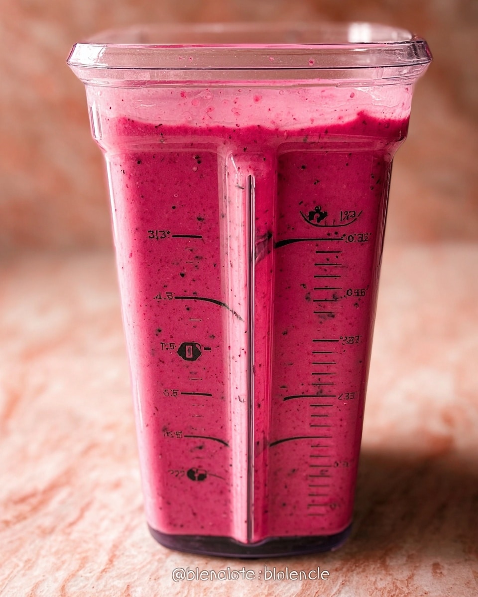 A close-up of a clear blender container filled with a thick, bright pink smoothie with tiny dark specks throughout, showing the mixture texture. The container has measurement markings in black on the front, ranging up to 32 oz or 4 cups. The background shows a soft focus with a warm, light color. The clear blender container is centered in the image, with the pink smoothie filling it almost to the top. The surface beneath the blender is replaced with a white marbled texture. photo taken with an iphone --ar 4:5 --v 7