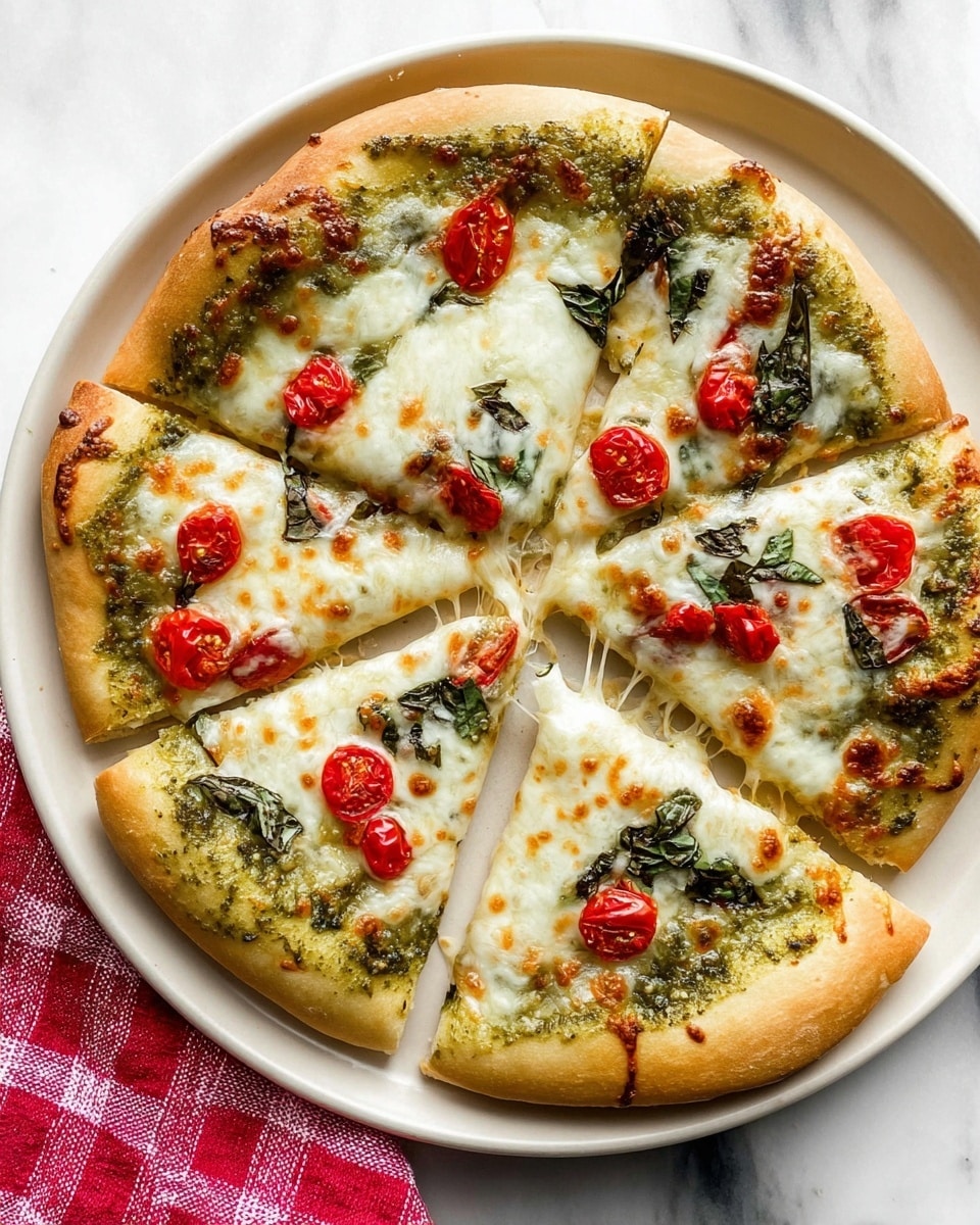 A pizza with six slices is placed on a white plate showing a golden-brown crust. The first layer is a light green pesto sauce spread near the edges. The next layer is melted white cheese covering the whole pizza, with some parts melting into the crust. There are small bright red cherry tomato slices and dark green basil leaves scattered evenly on top. The texture is smooth with some melted cheese stretching between slices. The pizza is on a white marbled surface with a red checkered cloth slightly visible underneath the plate. photo taken with an iphone --ar 4:5 --v 7