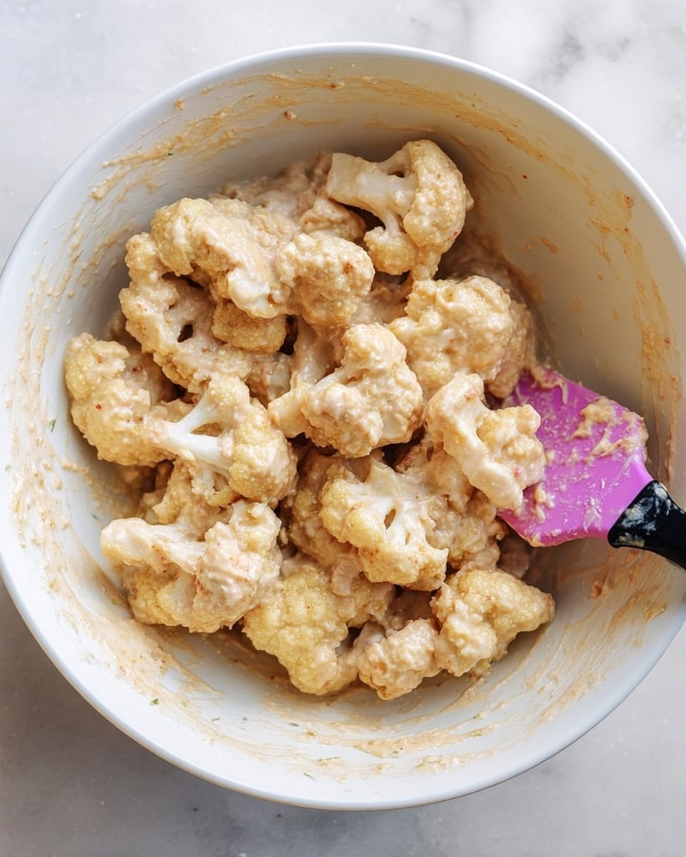 A white bowl filled with cauliflower pieces coated in a thick, beige batter, with some batter clinging to the sides of the bowl. Inside the bowl, a spatula with a pink and black handle is partially covered in the same batter, resting near the bottom right. The bowl sits on a white marbled surface, and the cauliflower pieces show a slightly rough texture from the batter. photo taken with an iphone --ar 4:5 --v 7