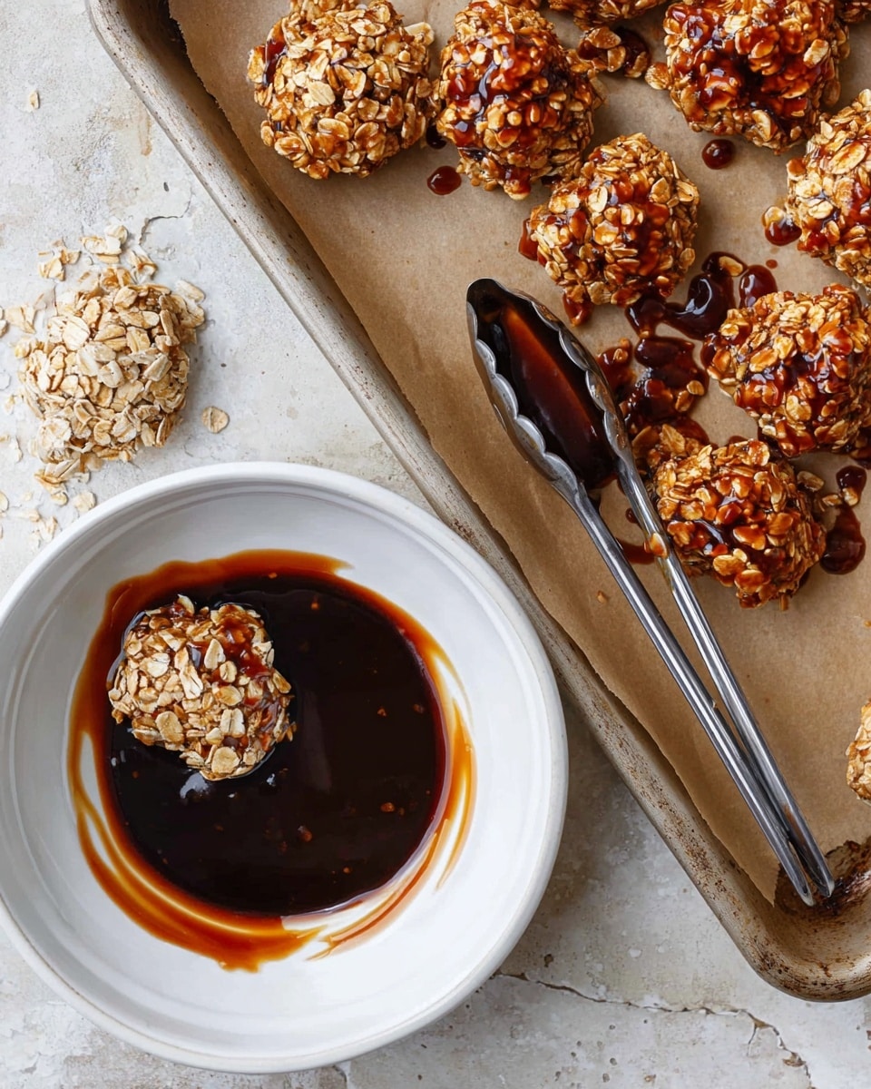The image shows clusters of food coated with light brown oats. Most of the clusters are glazed with a shiny dark amber sauce, giving them a rich, sticky texture, while two clusters near the bottom left are plain oats only. One cluster is sitting in a round white bowl filled with dark amber, thick sauce. The bowl shows streaks of the sauce inside its white rim. The food clusters are placed on a baking tray lined with brown parchment paper. To the right, there are silver tongs with sauce on the edges, resting on a white marbled surface. photo taken with an iphone --ar 4:5 --v 7