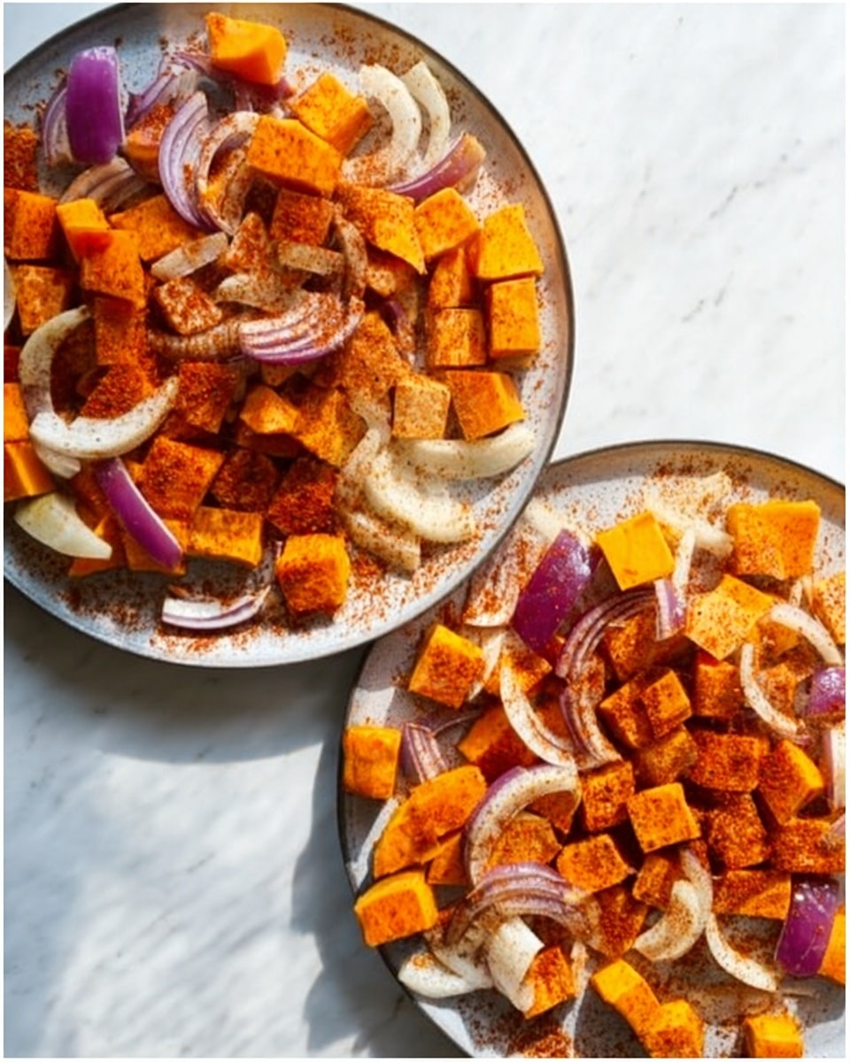 The image shows two white plates with roasted vegetable layers on a white marbled surface. Each plate has a mix of small orange cubes of roasted sweet potatoes spread evenly across it. Thin slices of light yellow onions are scattered on top and around the sweet potatoes, mixed with some pieces of red onion which add a touch of purple. A reddish-brown spice powder is sprinkled over all the vegetables, creating a textured look. The lighting shows slight shine and crispiness on the roasted vegetables. photo taken with an iphone --ar 4:5 --v 7