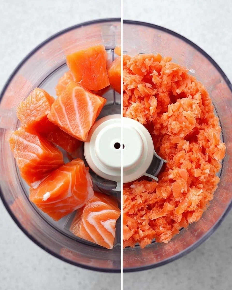 A clear food processor bowl sits on a white marbled surface, filled with several pieces of fresh, raw salmon cut into medium chunks showing bright orange and coral pink skin and flesh with white fat lines. In the second half of the image, the salmon is finely chopped inside the same clear food processor bowl with the texture looking soft and evenly minced into small, moist pieces in a light coral orange color. The white plastic blade attachment sits in the center of both bowls. photo taken with an iphone --ar 4:5 --v 7