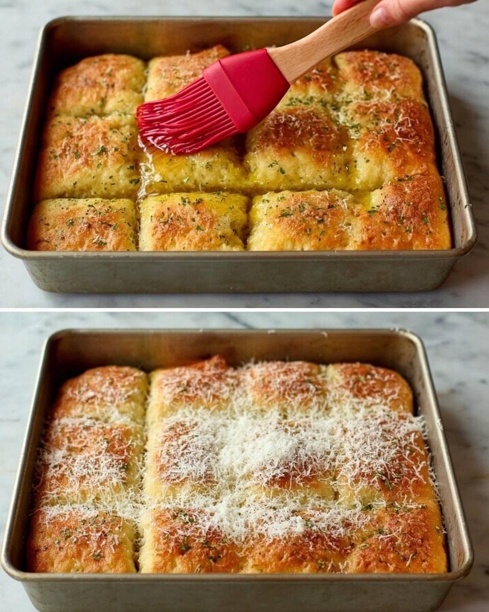 The image shows two views of a rectangular focaccia bread in a metal baking pan placed on a white marbled surface. The bread has a golden brown crust with a soft, airy texture visible on top. In the top part of the image, a woman's hand holds a red silicone brush, gently brushing a layer of oil or butter over the bread, highlighting the shiny, moist surface. The focaccia is divided into rectangular sections with slight dimples, and there are some green herbs sprinkled lightly on top. In the bottom part, the focaccia is dusted evenly with grated white cheese, adding a fine, textured layer over the golden crust. photo taken with an iphone --ar 4:5 --v 7