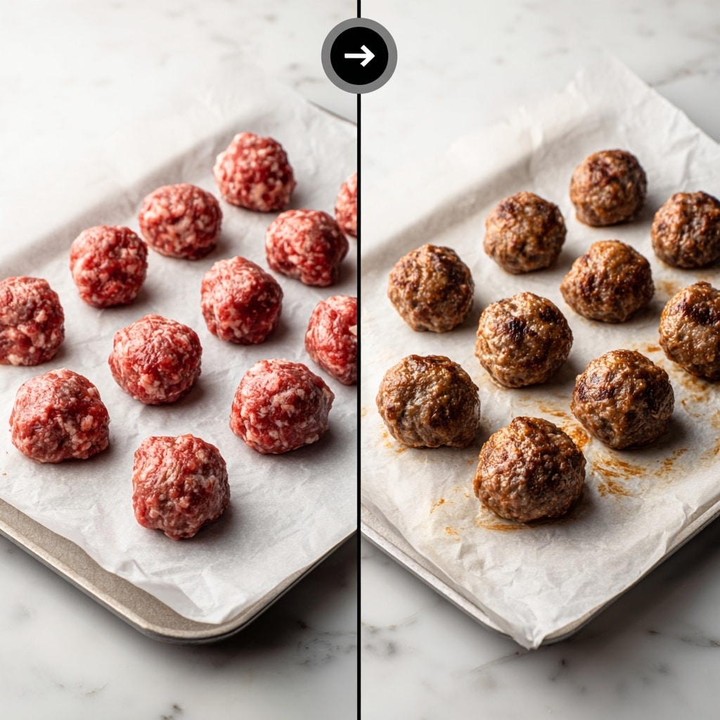 The image shows two side-by-side views of meatballs on white parchment paper over a white marbled surface. On the left, there are raw meatballs arranged in a neat grid, each ball rough-textured with a mix of red and pink colors from the raw meat. A black label with a white arrow points to one meatball with the word