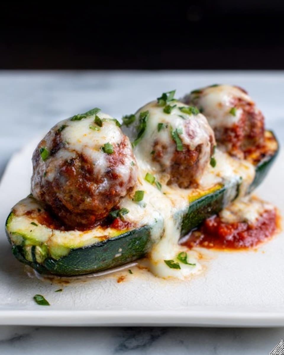 A white plate on a white marbled surface holds a halved zucchini, hollowed out and filled with three brown, cooked meatballs. The meatballs are coated with melted white cheese that drips slightly over the sides of the zucchini. Small green herb pieces are sprinkled on top of the cheese. A bit of red sauce is visible at the back edge of the zucchini. The lighting highlights the textures of the melted cheese and juicy meatballs. Photo taken with an iphone --ar 4:5 --v 7
