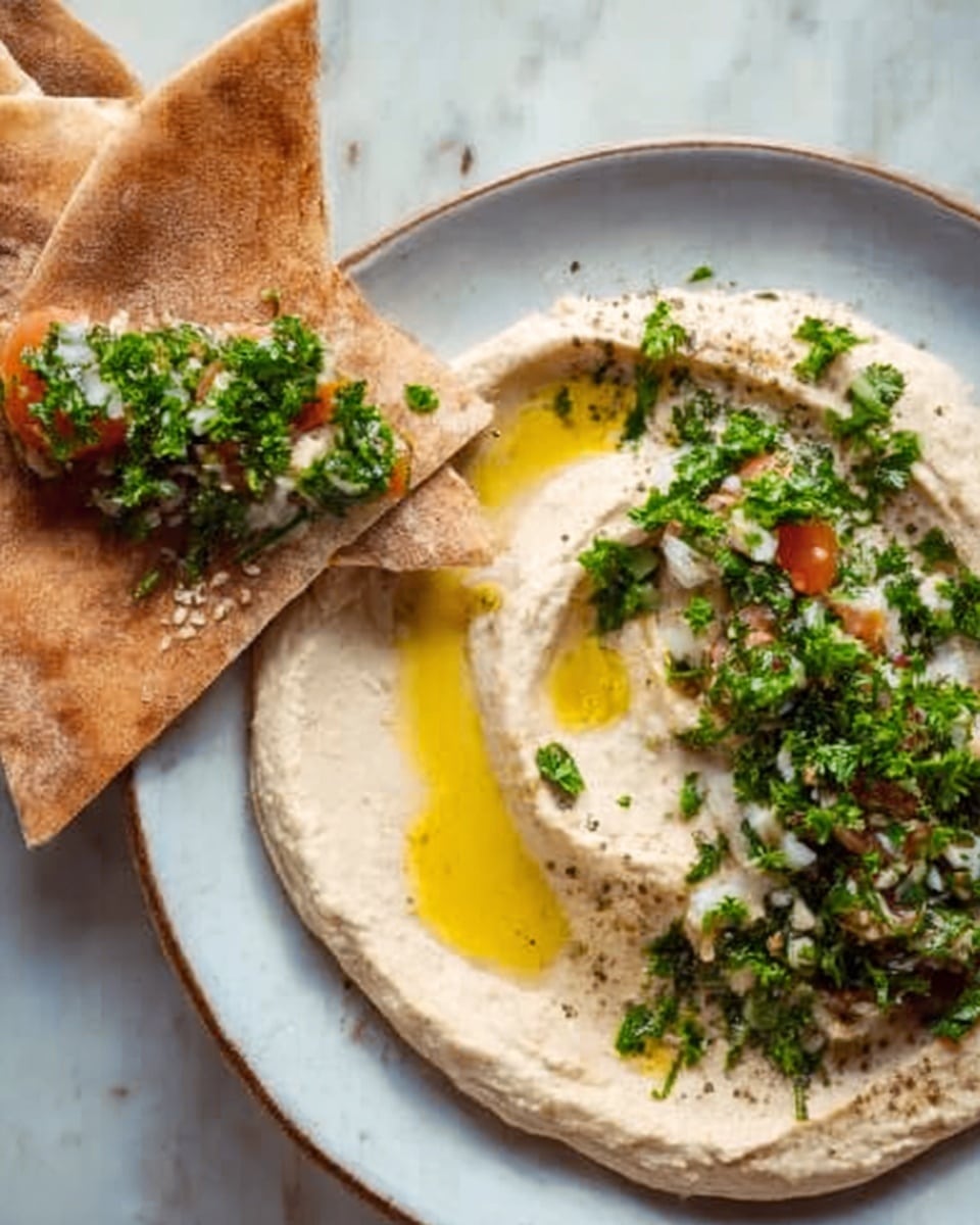 The dish is served on a white plate with a white marbled surface underneath. The bottom layer is a smooth, pale beige spread of hummus that covers most of the plate. On top of the hummus, there is a thick layer of finely chopped green parsley mixed with small pieces of red onion and some light brown grains, spread unevenly over the middle. Scattered among the parsley are small yellow and red cherry tomatoes. Toward the bottom right of the plate, there is a dollop of creamy white yogurt or labneh with a drizzle of golden olive oil in the center, topped with a sprig of green parsley. A spoon rests partly in the parsley. Photo taken with an iphone --ar 4:5 --v 7