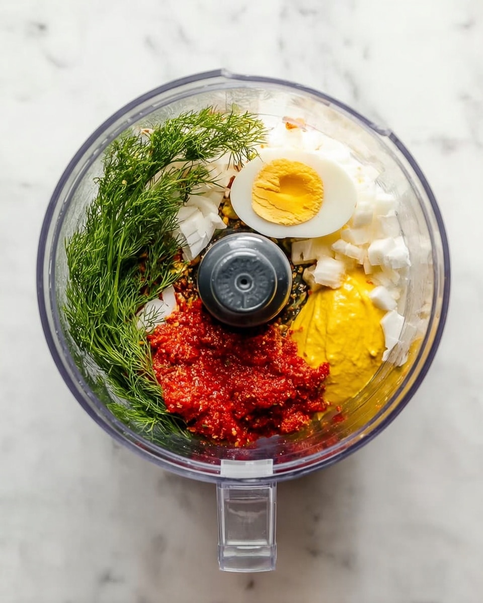 A clear food processor bowl sits on a white marbled surface, filled with layers of colorful ingredients. At the bottom right, there is a bright yellow layer of mustard. Above that, a heap of red sauce with visible small pieces sits on the right side. A quartered boiled egg with a yellow yolk and white edges is placed at the top right. Below and to the left of the egg, there are small white chunks, possibly onion or cheese. On the left side, a bunch of fresh green dill adds texture and color, leaning slightly towards the center. The food processor blade is in the middle, surrounded by these ingredients. Photo taken with an iphone --ar 4:5 --v 7