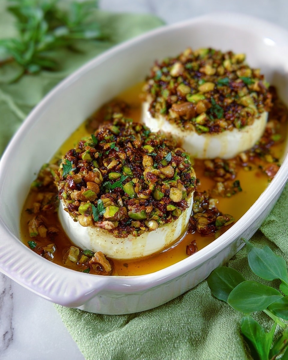Two round cheese pieces sit in a white oval dish filled with golden brown sauce. Each cheese has two layers: the bottom is smooth and white, while the top is covered with a thick, crunchy mix of green and brown nuts, showing a toasted texture. The dish rests on a white marbled surface with a green cloth and fresh green leaves nearby. Photo taken with an iphone --ar 4:5 --v 7