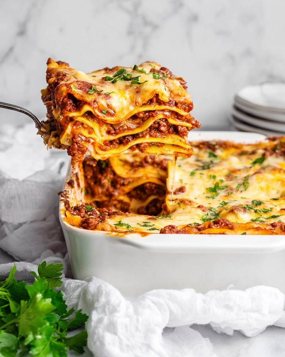 A piece of lasagna is lifted above a white baking dish, showing visible layers: rich red meat sauce, melted golden cheese, soft yellow pasta sheets, and green herbs sprinkled on top. The lifted slice reveals about five layers stacked neatly with a slightly crispy top melted cheese layer. The baking dish sits on a white marbled surface with a white cloth nearby and some fresh green leaves at the bottom left. The background is a soft white marbled texture. Photo taken with an iphone --ar 4:5 --v 7