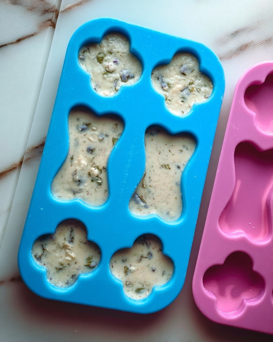 A blue silicone mold tray filled with a creamy white mixture that has small dark and light specks throughout it. The tray has eight shapes: six flower-shaped cavities and two bone-shaped cavities, all filled with the same mixture. Part of a pink silicone mold tray with similar filled cavities is visible to the right. The background is a white marbled surface with a tray edge visible at the top. photo taken with an iphone --ar 4:5 --v 7