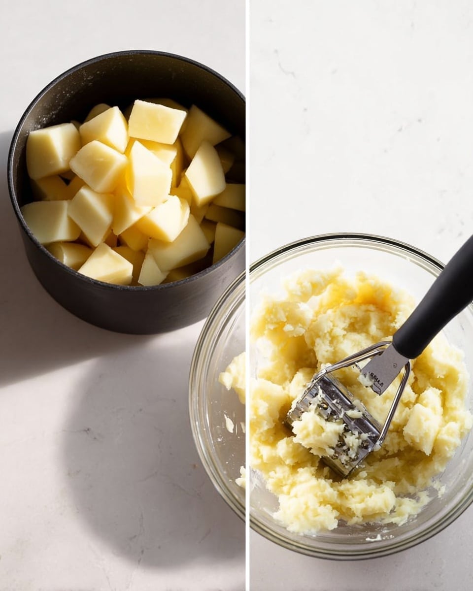 The image shows two side-by-side photos. On the left, a small black pot filled with chopped pale yellow potato pieces sits on a white marbled surface. The potatoes are in various chunk sizes, stacked just to the rim of the pot. On the right, a clear glass bowl on the same white marbled surface contains mashed potatoes with some larger potato pieces visible, showing a creamy and slightly lumpy texture. A potato masher with a black handle rests inside the bowl, pressing into the potatoes. The lighting is bright and natural, emphasizing the soft texture of the potatoes. Photo taken with an iphone --ar 4:5 --v 7
