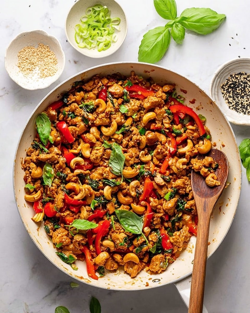 A white pan filled with a stir-fry dish containing small pieces of golden brown cooked meat, bright red bell peppers, and fresh green leafy herbs mixed with light brown cashew nuts. A wooden spoon is resting inside the pan, partially buried in the food. Around the pan, on a white marbled surface, there are two small white bowls, one with sliced green onions and the other with black and white sesame seeds, along with fresh green basil leaves nearby. The lighting is bright and natural, highlighting the textures and vibrant colors of the dish photo taken with an iphone --ar 4:5 --v 7