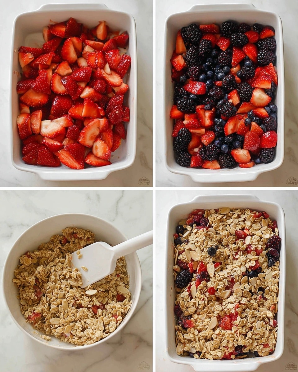 The image shows four steps of making a fruit crumble. The first step is a white bowl filled with a mix of bright red strawberry halves, dark blackberries, and small blue blueberries, all mixed together. The second step shows the same colorful fruit mix spread evenly in a white rectangular baking dish on a white marbled surface. The third step is a white bowl with light brown granola mixed with oats and almond slices, with a white spatula inside. The last step shows the granola topping spread evenly over the fruit layer in the white baking dish, with the berries peeking through from beneath. The background for all steps is a white marbled texture. photo taken with an iphone --ar 4:5 --v 7