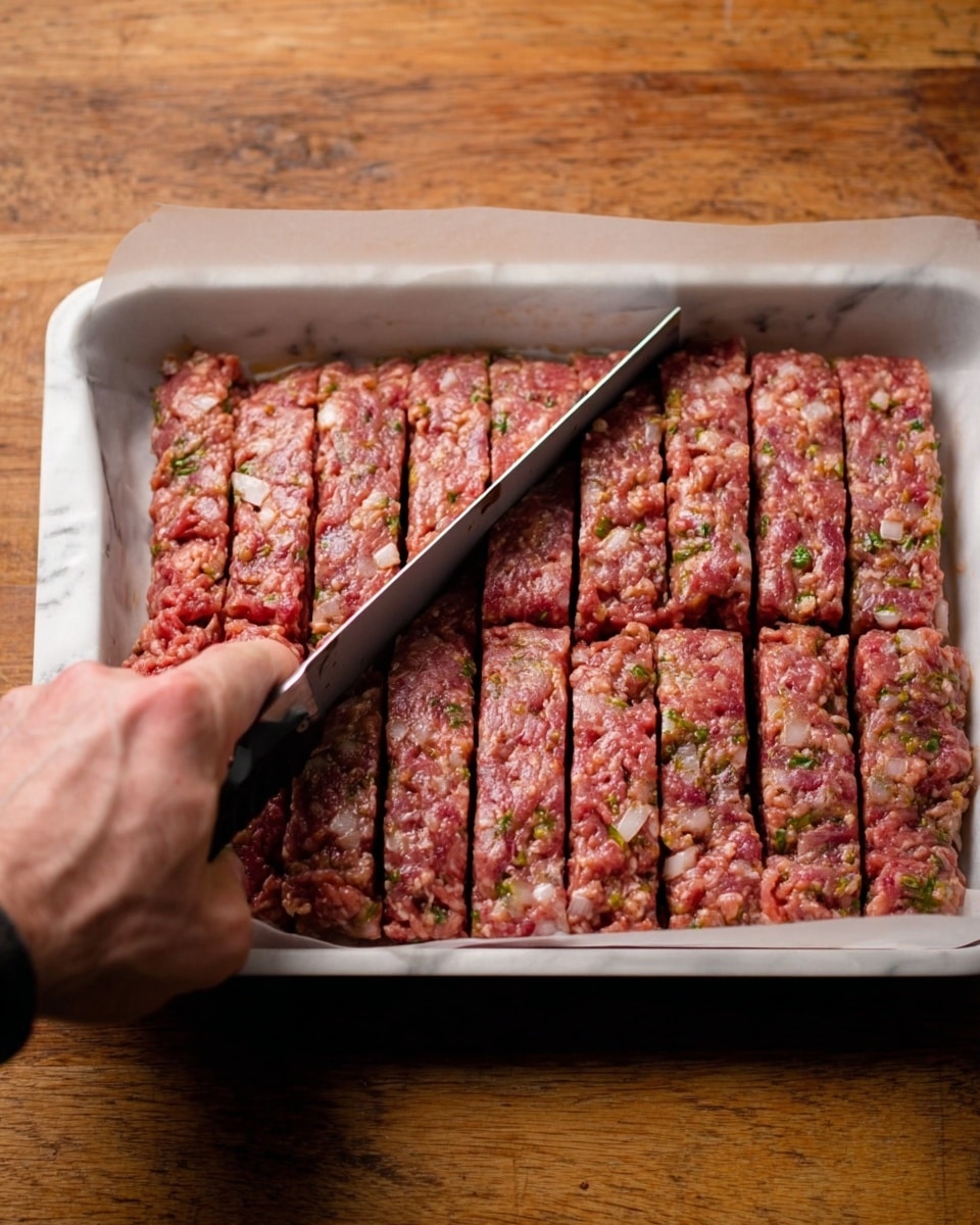 The image shows a white rectangular baking tray lined with parchment paper filled with raw meat mixture that is formed into a flat, rectangular shape. The meat mixture is reddish with visible bits of chopped onions and herbs spread throughout. The mixture is divided into neat strips and rectangular sections by deep cuts. A woman's hand is holding a large, flat knife or scraper, pressing down on the edges of one strip to separate it. The tray is placed on a wooden surface, but the background should be imagined as a white marbled texture. photo taken with an iphone --ar 4:5 --v 7