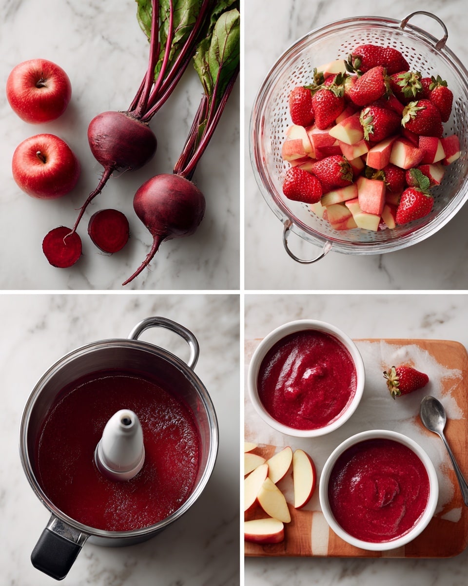 The image shows a step-by-step visual of making a bright red fruit and vegetable puree. The first panel has fresh red beets with green leaves, red apples in a white colander, and fresh strawberries in a clear glass bowl, all placed on a white marbled surface. The second panel shows chopped strawberries, apples, and beets inside a silver pot with a black handle on the white marbled surface. The third panel focuses on the pot filled with a smooth, deep red puree being blended with a white immersion blender. The last panel shows two white bowls filled with the thick red puree, placed on a white marbled surface with a light wooden cutting board holding apple slices and some frozen strawberries nearby; one bowl has a metal spoon inside it. Photo taken with an iphone --ar 4:5 --v 7