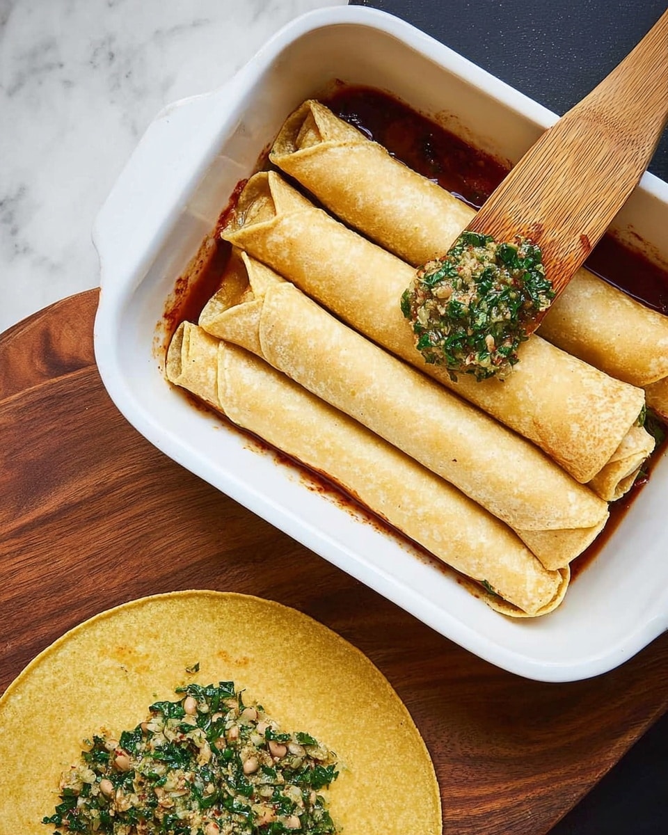 The image shows four rolled tortillas placed side by side in a white square dish, resting on a layer of dark red sauce with visible bits of green herbs mixed in. Next to the dish on a dark wooden surface are two flat yellow corn tortillas, one topped with a green and beige filling made of chopped herbs and chickpeas, partially spread with a wooden spatula. The tortillas have a light dusting of flour on them. The overall scene is simple, focusing on the ingredients and preparation. Photo taken with an iphone --ar 4:5 --v 7