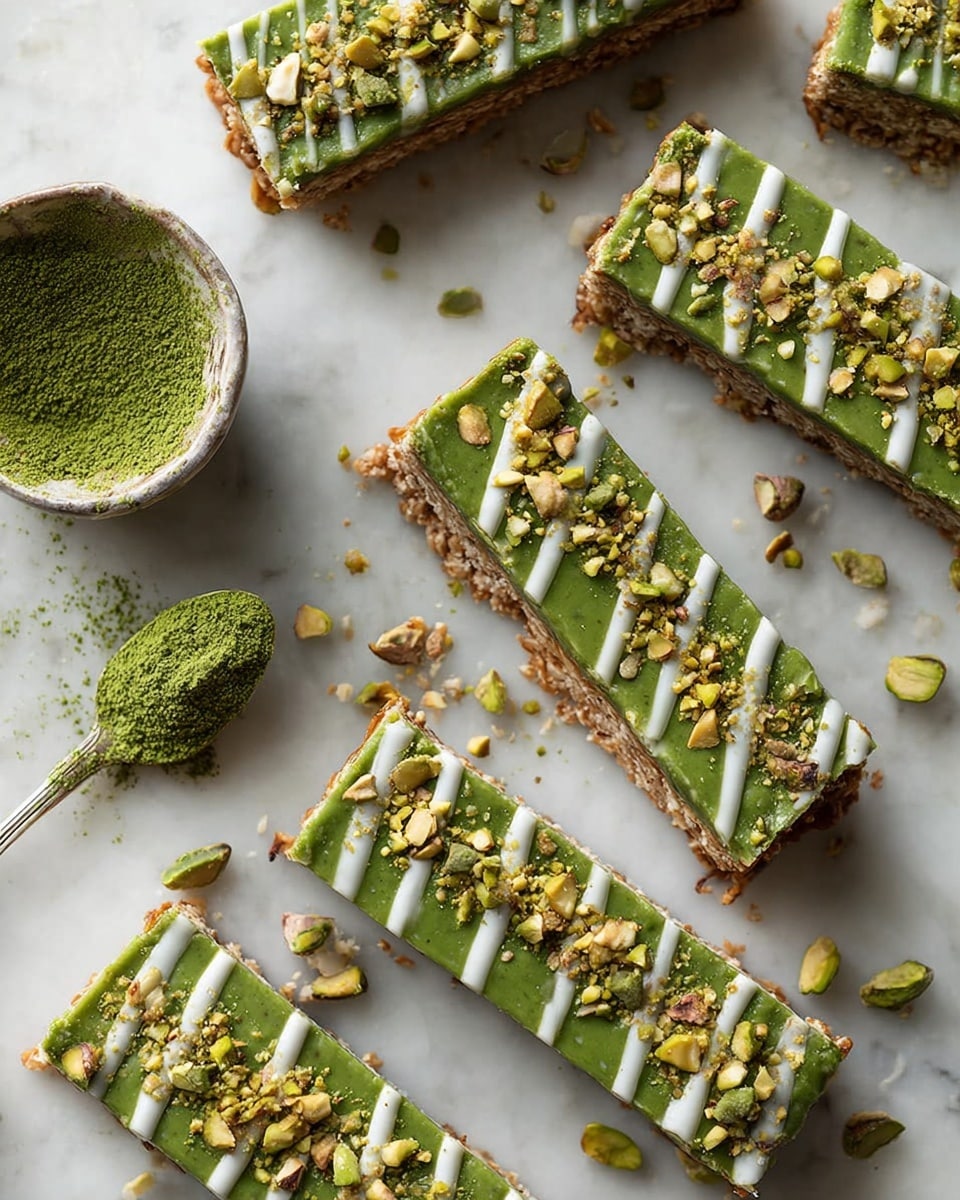 The image shows several rectangular oat bars arranged on a white marbled surface. Each bar has two layers: a bottom layer with a golden brown oat texture, and a top layer of smooth, bright green matcha. The green layer is decorated with white icing drizzled in thick stripes across the bars, and sprinkled with small crushed green nuts and matcha powder. There is a silver spoon with green matcha powder next to the bars, and small pieces of oats and green nuts scattered around the surface. photo taken with an iphone --ar 4:5 --v 7