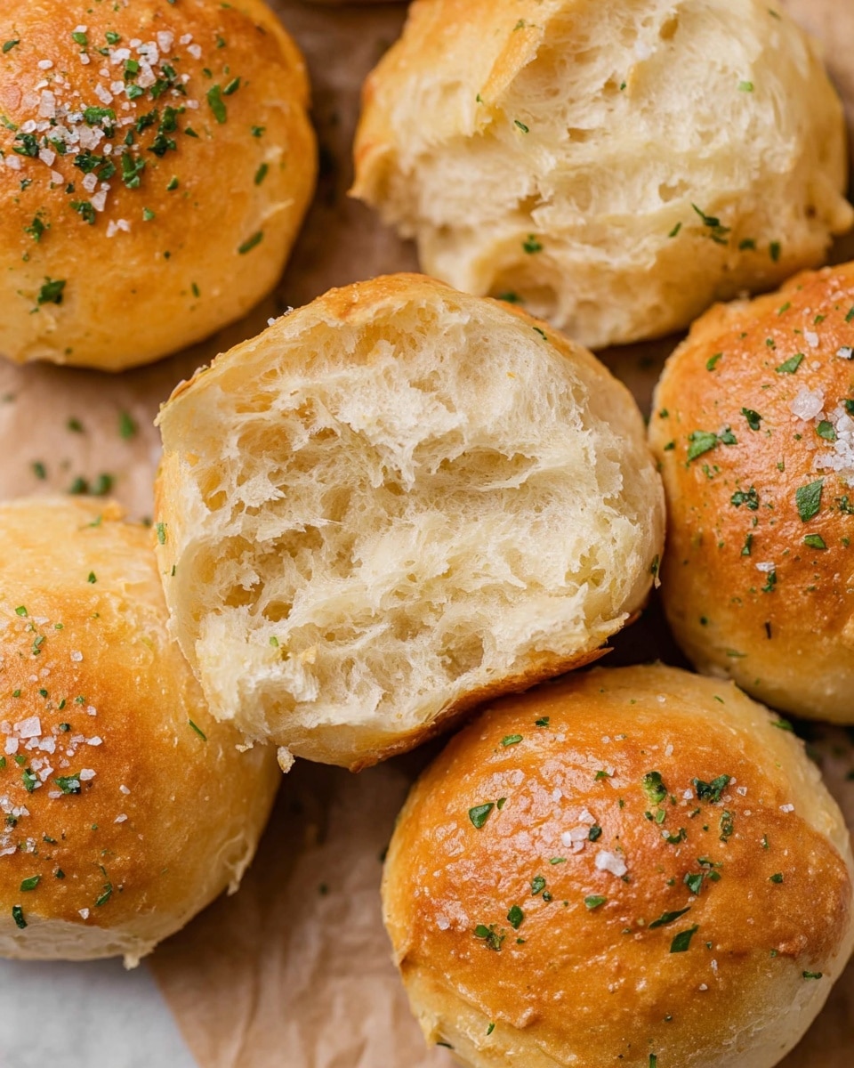The image shows a close-up of several round bread rolls with a golden-brown top sprinkled with small green herbs and coarse white salt. One of the bread rolls is torn open in the center, revealing a soft, fluffy, light beige inside with a slightly crumbly texture. The rolls rest closely together on a light brown parchment paper that sits on a white marbled surface. The overall look is warm and fresh, highlighting the softness and texture of the bread. Photo taken with an iphone --ar 4:5 --v 7
