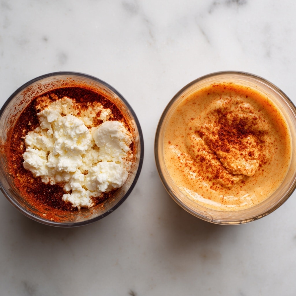 The image shows two food processor bowls side by side on a white marbled texture. The left bowl contains several visible layers: a chunk of white cottage cheese on the right, a reddish-brown sauce with a slightly oily texture spread across the bottom, and darker reddish-brown powder sprinkled on top. The cottage cheese looks lumpy and creamy. The bowl on the right shows the mixture after blending, with a smooth, creamy sauce in a light orange color that fills the bowl evenly, touching the sides without splatters. Photo taken with an iphone --ar 4:5 --v 7