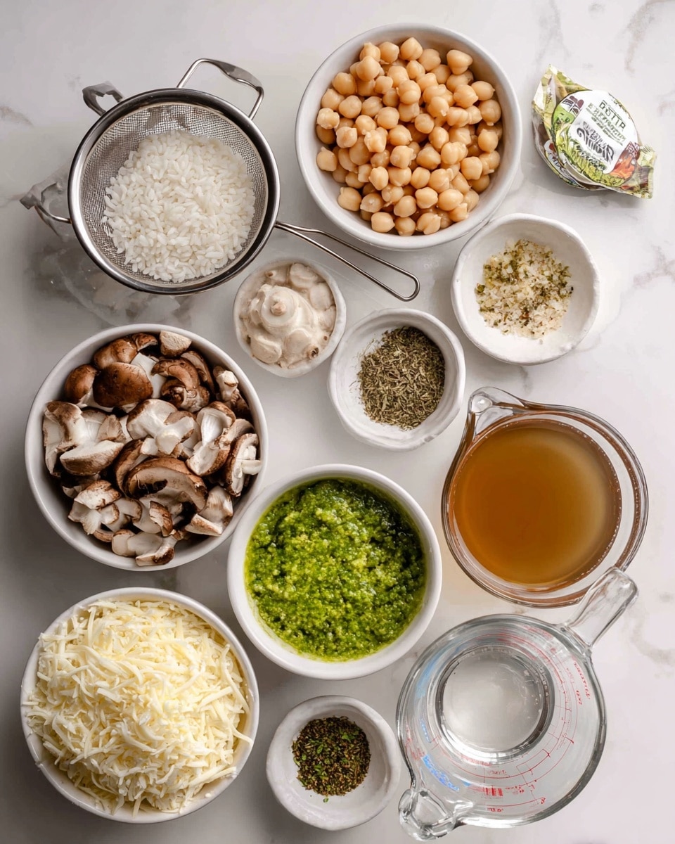 A white marbled surface holds various small clear and white bowls and strainers filled with ingredients for cooking. The top left has a small silver strainer with medium grain white rice. Below it, a silver strainer filled with tan chickpeas. At the bottom left, a small white bowl contains chopped brown baby bella mushrooms. Center bottom holds a small white bowl filled with shredded pale yellow mozzarella cheese. Next to it, at the bottom right, is a clear glass measuring cup with clear vegetable broth (water and bouillon). In the center, a small white bowl holds bright green pesto sauce. To its right, two small white bowls contain lemon pepper seasoning (green and yellow mix) and salt & pepper (white, black and tan). Above these, a small white bowl contains dried parsley (green), and another with garlic & onion powder (mainly white). Next to these bowls is a small round package labeled light cream cheese. The whole setup is arranged neatly on the white marbled surface. photo taken with an iphone --ar 4:5 --v 7