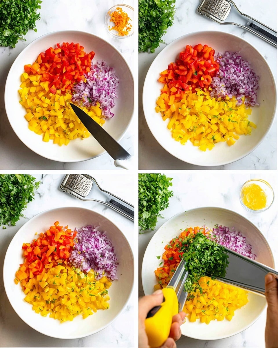 A large white bowl sits on a white marbled surface filled with three main layers of finely chopped vegetables: bright red bell peppers on the left, vibrant yellow bell peppers in the middle, and small red onion pieces on the right. In the first image, a knife with orange bits on it hovers above the yellow peppers. In the second image, a woman's hand is using a grater over the bowl, grating a green lime. In the third image, finely minced garlic is added on top of the red peppers, and a yellow citrus squeezer with some green zest inside is held by a woman's hand above the bowl. The final image shows the vegetables mixed together with freshly chopped bright green cilantro placed on top, ready to be mixed in, a metal scraper nearby. Photo taken with an iphone --ar 4:5 --v 7